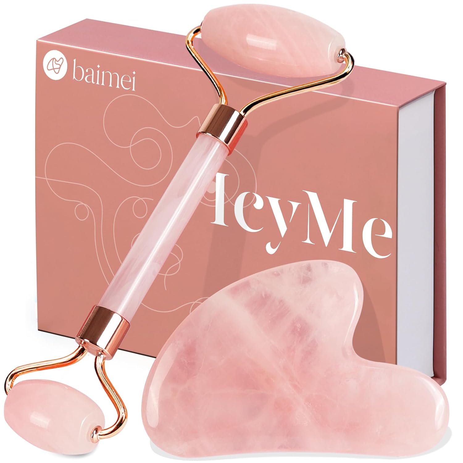 BAIMEI IcyMe Rose Quartz Roller & Gua Sha Facial Tool Set for Depuffing | Cooling Face Roller for Lymphatic Massage,Sculpting Tool for Face, Eyes & Neck, Skin Care Gifts for Women,Spa & Travel Use