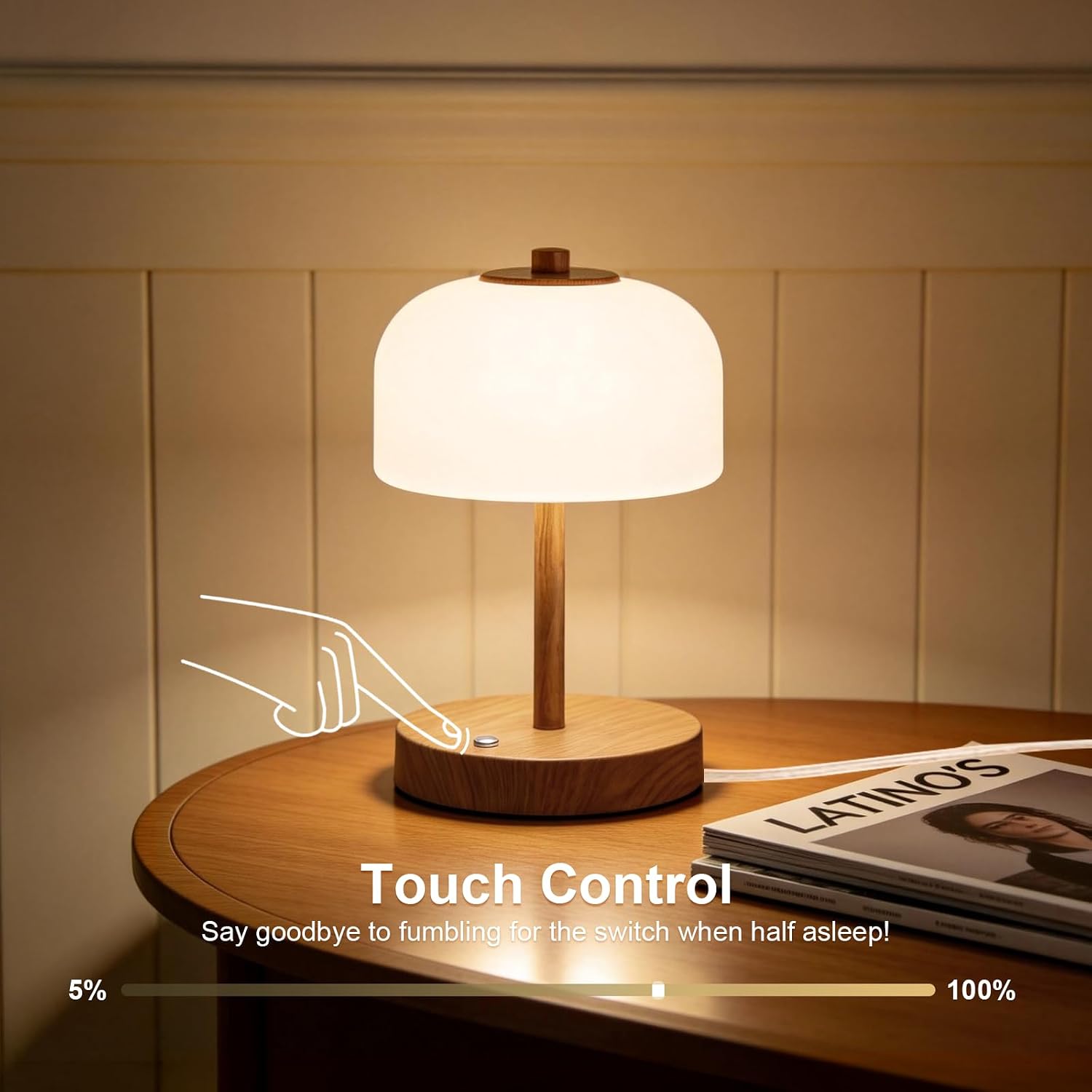 9.5" Small Plug-in Touch Control Table Lamp with USB A+C Charging Ports, Wood Grain Dimmable LED Bedside Lamp with 3 Color Temperatures, Modern Table Lamps for Bedroom Nightstand Living Room - Image 6