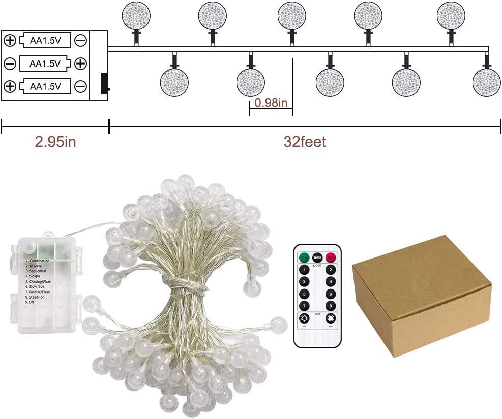 Metaku Globe String Lights Battery Operated Fairy Light 33ft 80LED & Remote | Waterproof Indoor Outdoor Hanging String Lights Decorative Christmas Lights for Home Party Patio Garden Classroom Wedding - Image 8