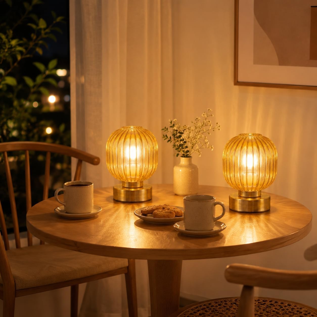 Elenhome Amber Touch Glass Table Lamp Set of 2, 3-Way Dimmable Bedside Lamps, Vintage Mid-Century Modern Nightstand Lamps for Bedroom and Living Room, Ambient Mood Lighting, LED Bulb Included - Image 8
