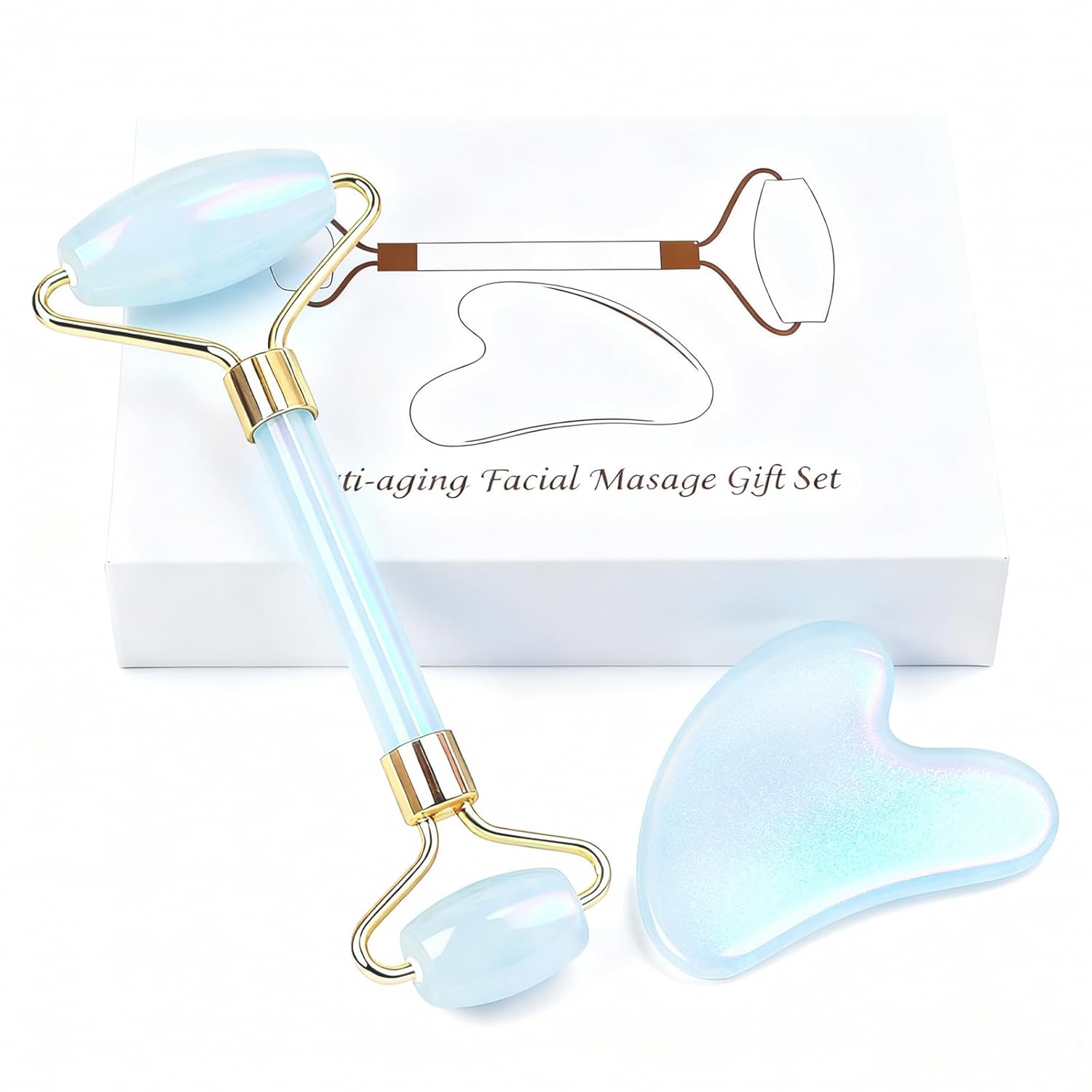 Jade roller and gua sha, facial roller, women's skincare tool, self-care gift, face, eye, neck massager, relieves fine lines and wrinkles, aventurine, opal, rose quartz
