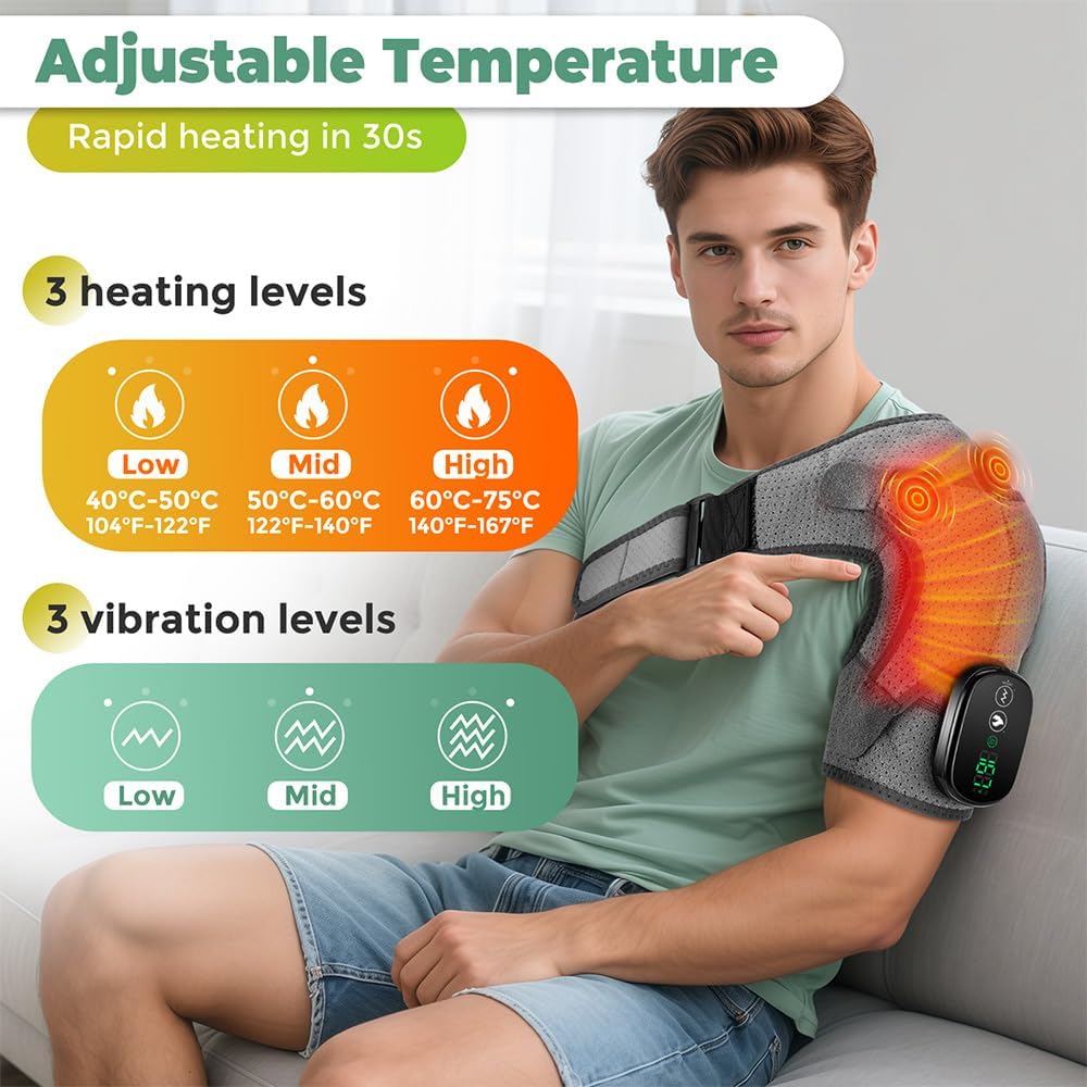Cordless Shoulder Heating Pad, FSA Eligible Heated Shoulder Massager | 3 Vibration and Heating Modes, Breathable Fabric, HD Display, 5000mAh Battery, Adjustable Size, for Rotator Cuff - Image 3