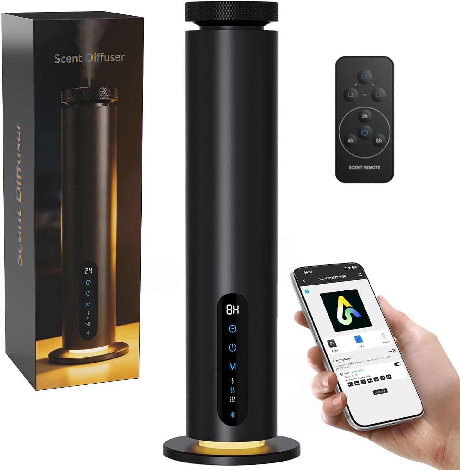Waterless Essential Oil Diffuser, 1000 Sq.Ft Coverage, Smart App & Remote Control Scent Machine, 3 Color Ambient Lights, Adjustable Mist, Quiet Aromatherapy Diffuser for Home Large Room Hotel, Black