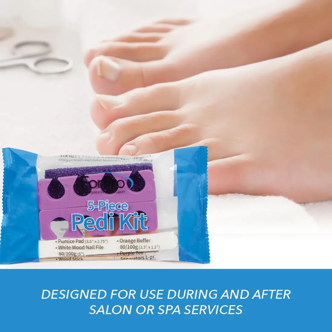 ForPro 5-Piece Pedi Kit, 100-Count, Individually-Packed Pedicure Set, Purple Pumice Pad, Wood Nail File 80/100 Grit, Mini Buffer 80/100 Grit, Wood Stick, Toe Separators - Image 9
