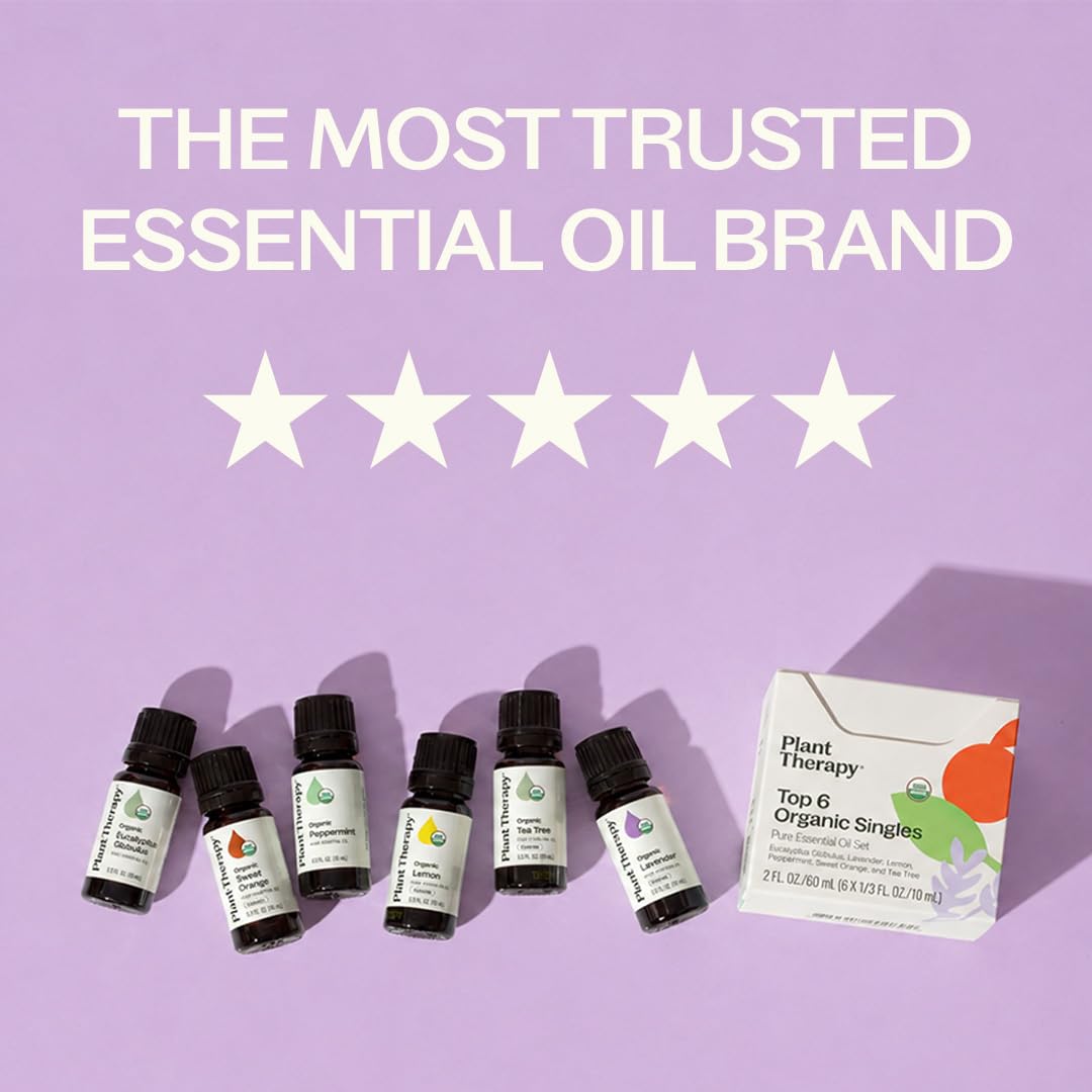 Plant Therapy Top 6 USDA Organic Essential Oil Set for Diffusion & Topical | Includes Lavender, Peppermint, Eucalyptus, Lemon and Tea Tree Pure Essentail Oils, 10 mL (1/3 oz) Each - Image 4