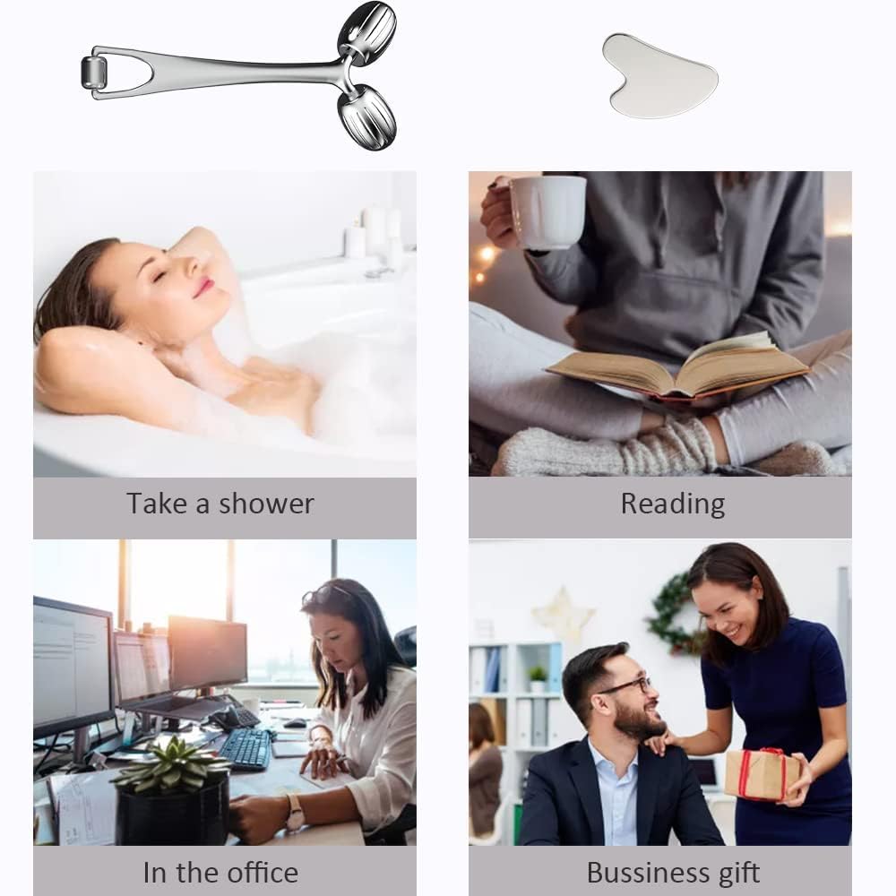 Yeamon Gua Sha Facial Tools and Face Roller Set, Facial Massage Tool for Women’s Skincare Routine,Cooling Stainless Steel Face Sculpting Eyes Roller Guasha for Daily Use or Self-Care Gift for Women - Image 7