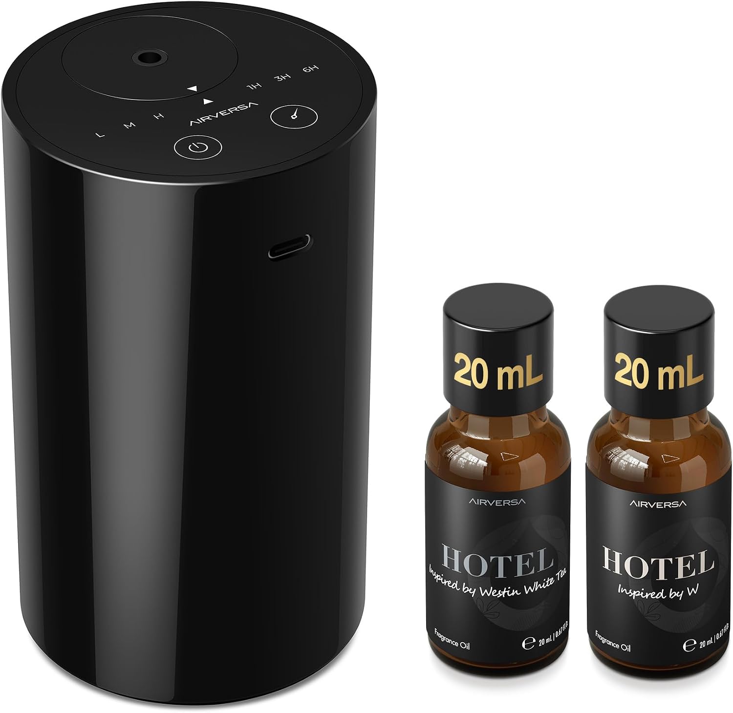 Airversa AN8 Waterless Essential Oil Diffuser Starter Kit, Black | 2X20 mL W+WST Hotel Scent Fragrance Oil, Up to 600 sq ft, Battery Operated, Portable for Home Car Office, A86Kit-2x20-W