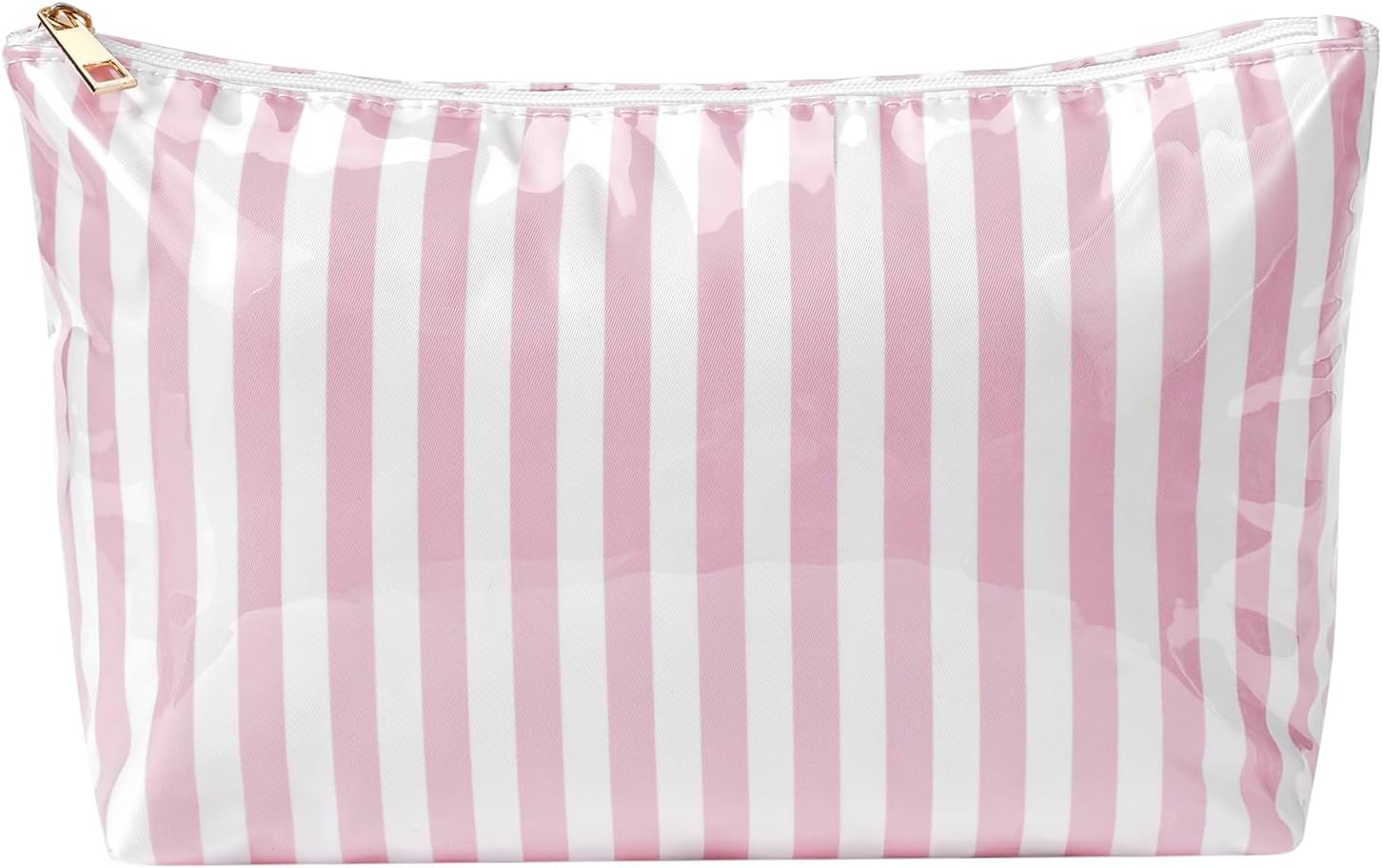 Large PVC Waterproof Striped Makeup Bag(04Pink Stripe) | Clear Coated, Easy to Clean Cosmetic Bags Travel Organizer Zipper Pouch Beach Vacation Essentials for Women Girls