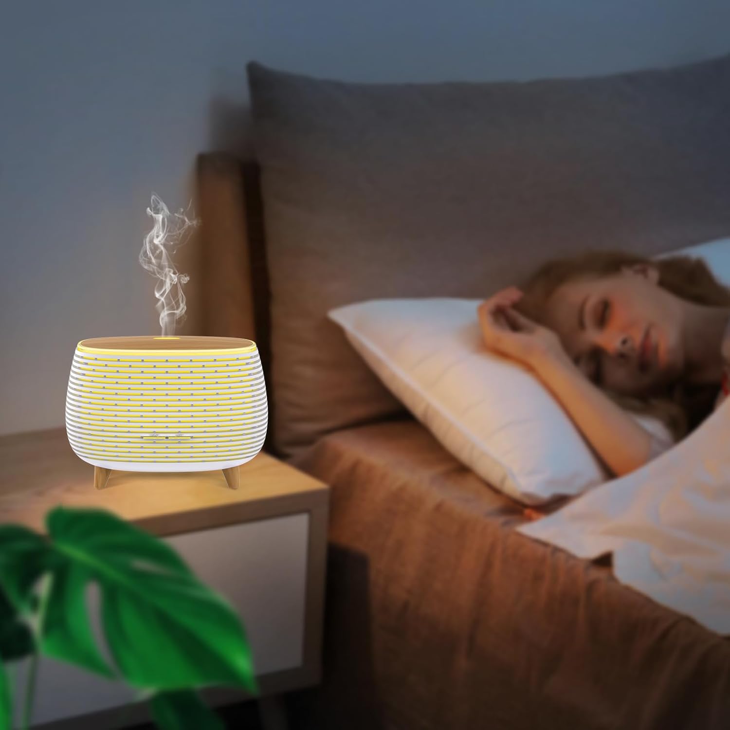 2-in-1 BT Speaker & Ultrasonic Essential Oil Diffuser,Aromatherapy Diffuser Cool Mist Humidifier with 7 Colors Lights for Large Room Home Office,400ml(White+Wooden Grain) - Image 3