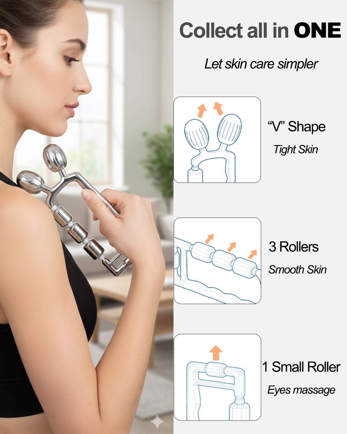 Yeamon 3-in-1 Face Roller for Skin Care, Facial Massager with Cooling Metal, Under Eye Roller for Puffiness, Jawline & Cheek Massage Tool, Gua Sha Set for Women