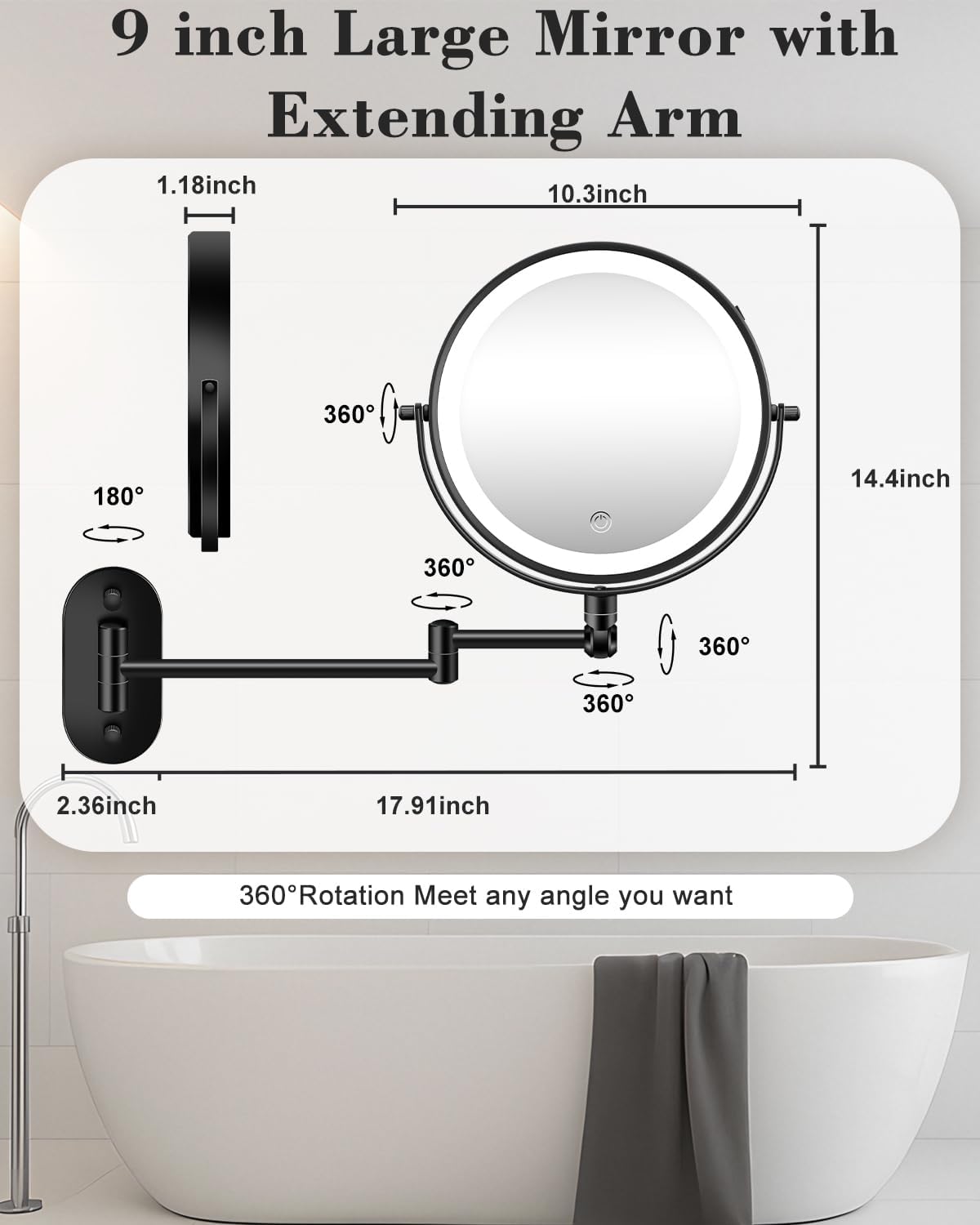 9'' 30X/1X Wall Mounted Height Adjustable Lighted Magnifying Makeup Mirror | 5000mAh Rechargeable Bathroom Mirror with 3 Color Modes Light, Extended Arm Space Saving for Apartment, Hotel, Rental House - Image 8