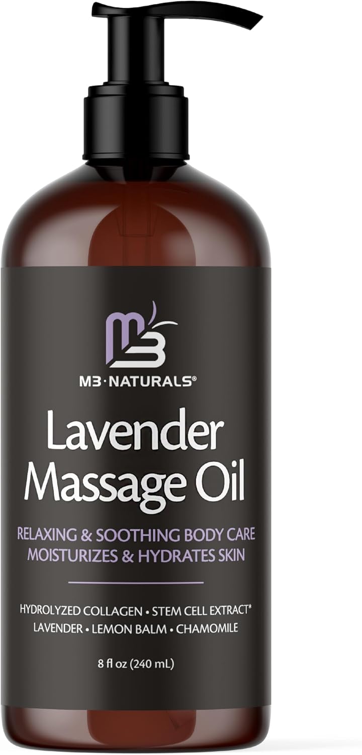 Lavender Sensual Massage Oil with Collagen and Stem Cells, 8 fl oz by M3 | Fast-Absorbing Massage Oil with Lemon Balm & Chamomile, Relaxing & Soothing Body Care, Moisturizes & Hydrates Dry Skin