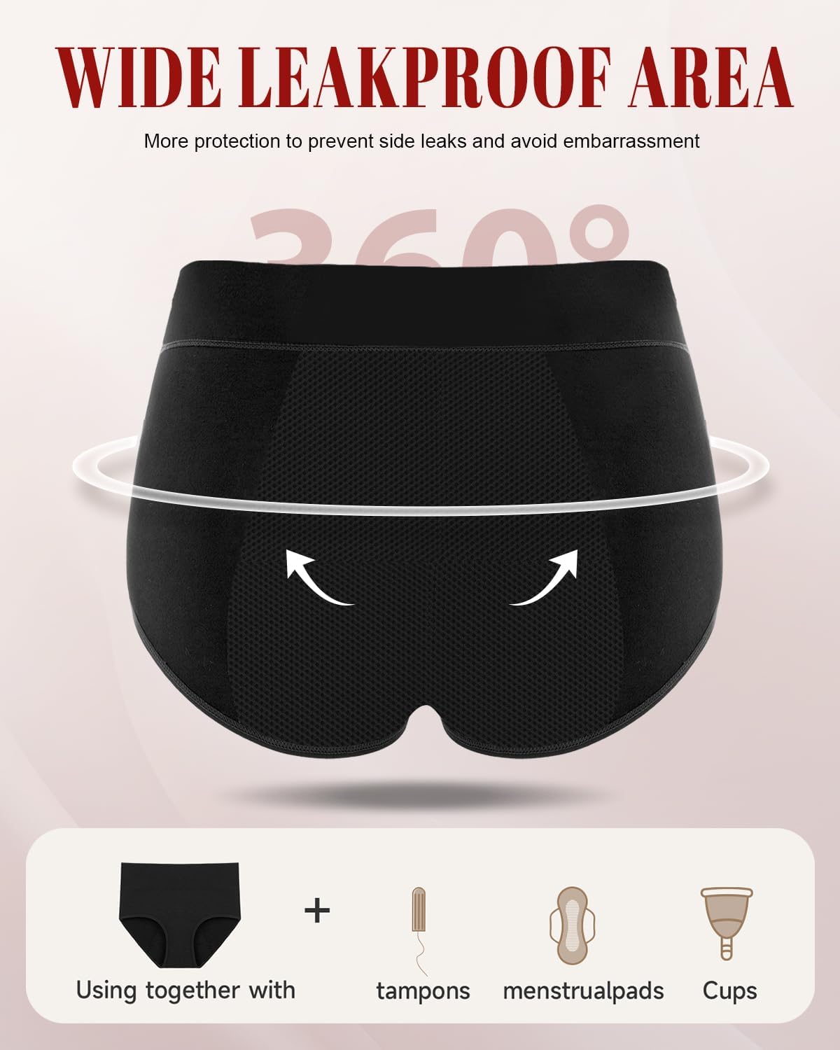 Period Underwear for Women, Leakproof Cotton Menstrual Panties | Soft breathable cotton fabric, absorbent gusset, comfortable high waist fit, gentle stretch fit, washable reusable design - Image 4