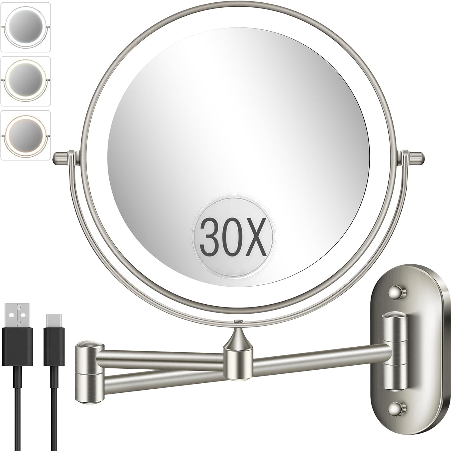 VFD 8'' 30X/1X Wall Mounted Lighted Magnifying Makeup Mirror with Lights | Double Sided Rechargeable Bathroom Mirror, 3 Color Lights Touch Dimmable Extended Arm 360 Rotation Light up Mirrors