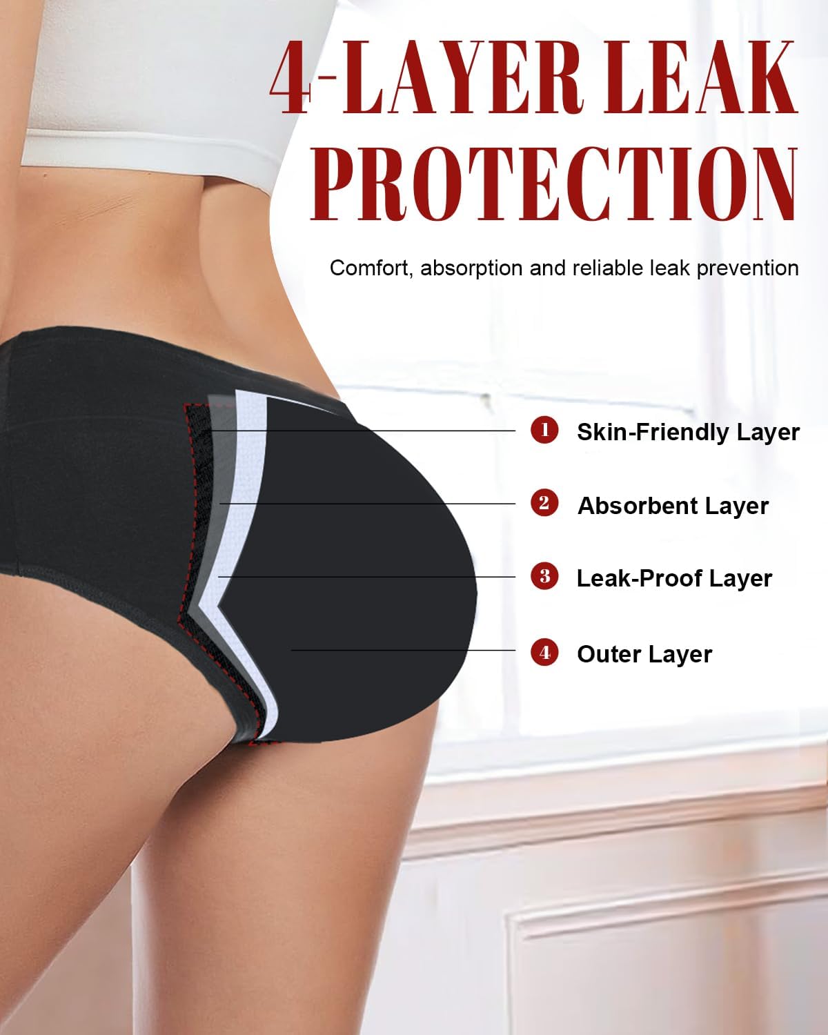 Period Underwear for Women, Leakproof Cotton Menstrual Panties | Soft breathable cotton fabric, absorbent gusset, comfortable high waist fit, gentle stretch fit, washable reusable design - Image 2
