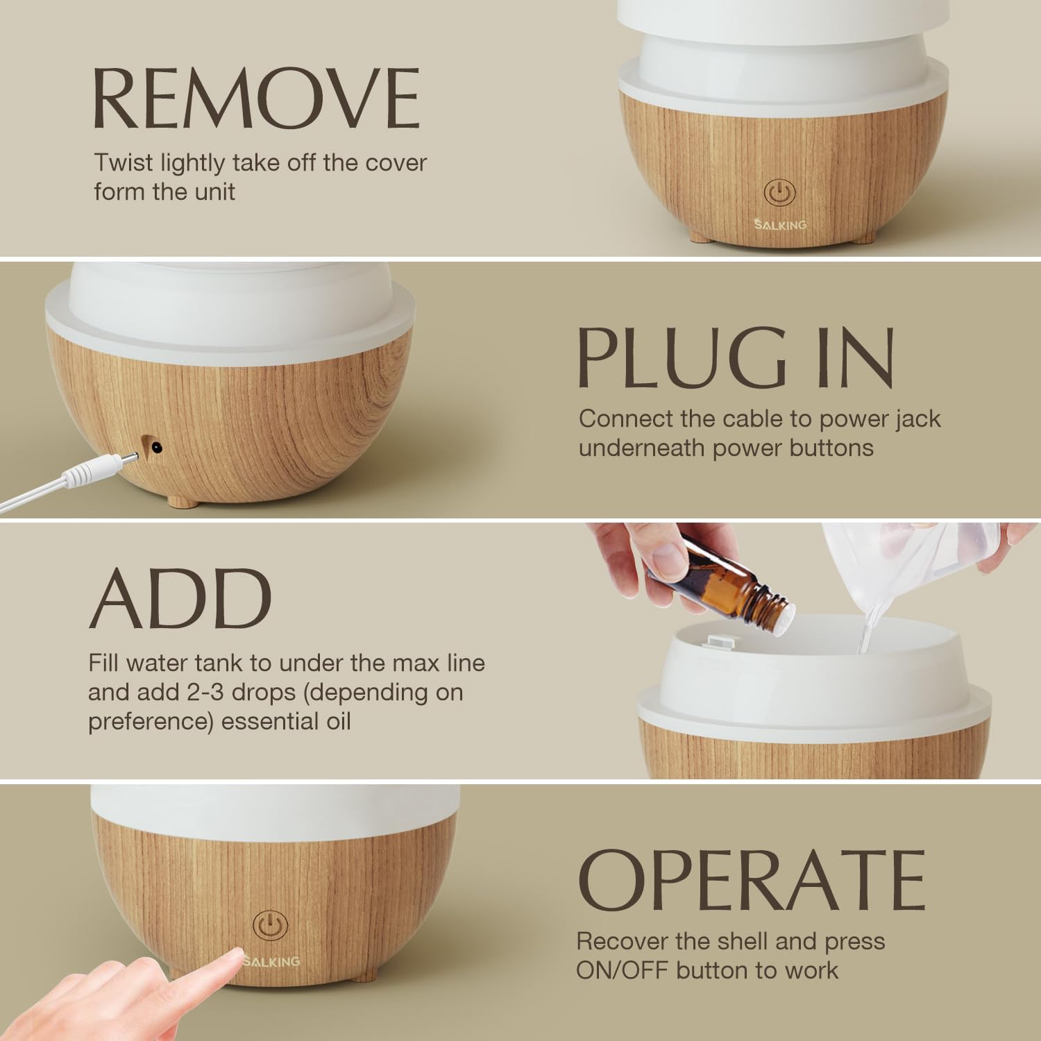 SALKING Essential Oil Diffuser for Home, 100ml Small Aromatherapy Diffuser | Ultrasonic Diffusers for Essential Oils, Warm White Lights, Cool Mist Humidifier with Auto Shut-Off, for Bedroom, Office - Image 7