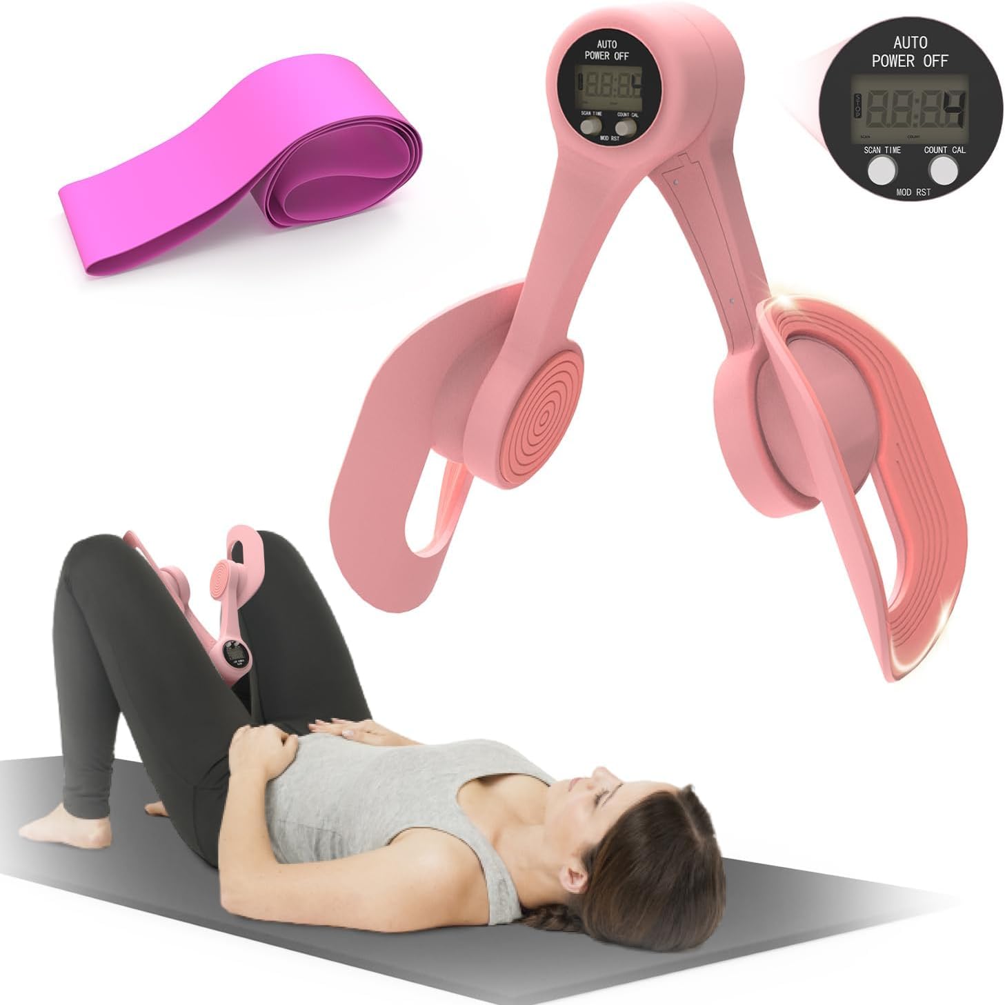 Thigh Trainer with LED Display - Pelvic Floor Trainer for Hip, Leg, Arm | 360° Adjustable Inner Thigh Exerciser with 20LB Resistance Band, Home Workout Equipment for Women, Pink - Image 8