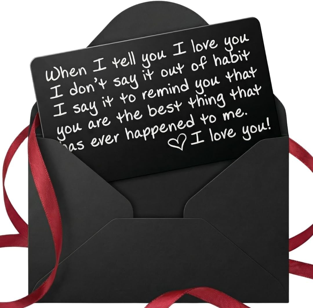 Metal Wallet Card - I Love You Gift for Husband, Boyfriend - Laser Engraved, Durable Aluminum Keepsake for Him and Her - Valentines, Anniversary, Birthday - Gift Ready Envelope Included
