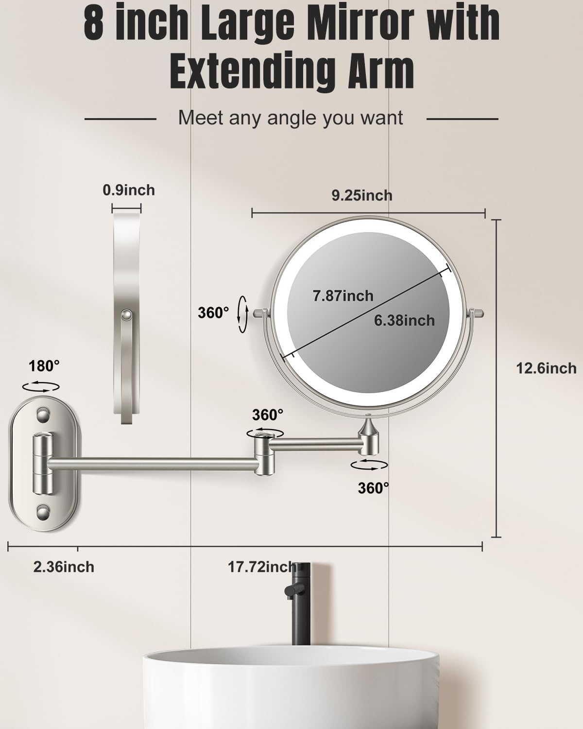 VFD 8'' 30X/1X Wall Mounted Lighted Magnifying Makeup Mirror with Lights | Double Sided Rechargeable Bathroom Mirror, 3 Color Lights Touch Dimmable Extended Arm 360 Rotation Light up Mirrors - Image 6