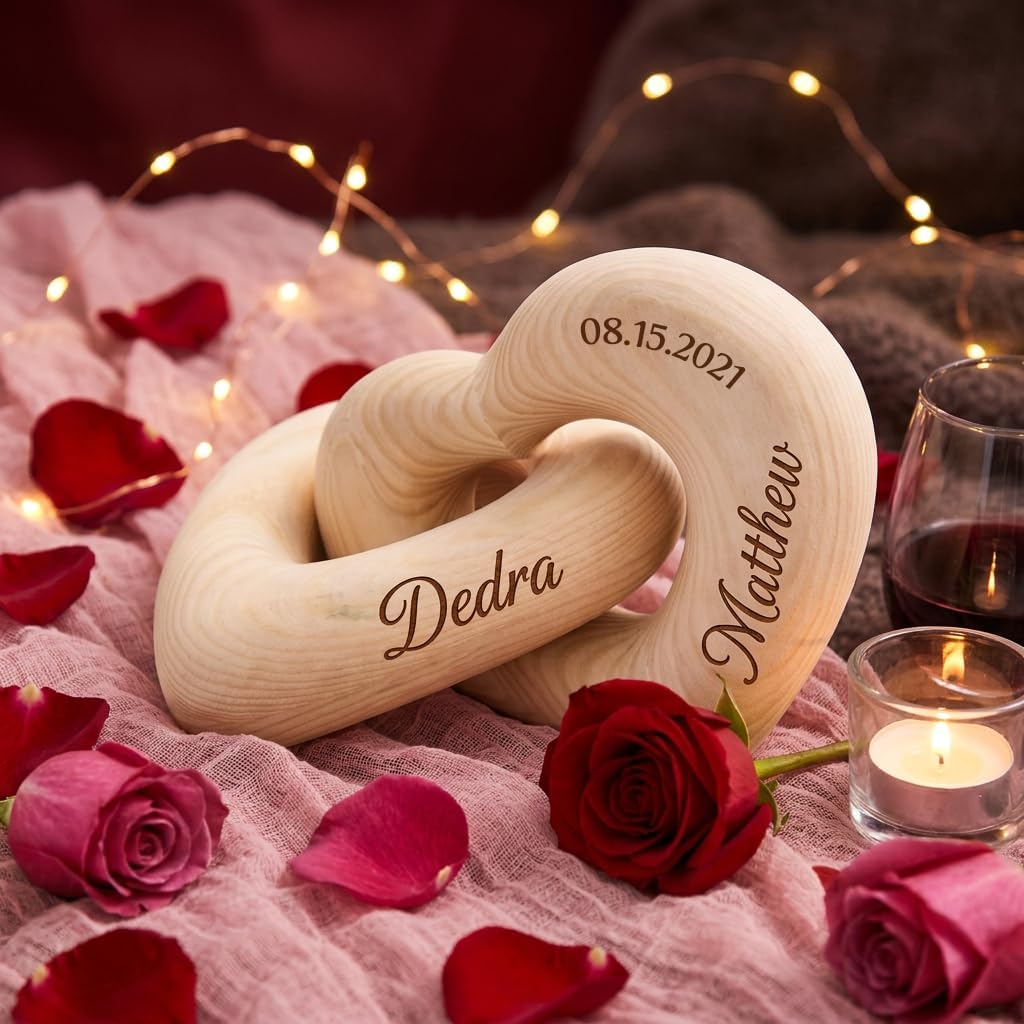 Personalized Wooden Hearts with Names - Custom Engraved Interlocking Heart Sculpture for Couples - 5th Wood Anniversary Valentine's Day Gift Idea, Romantic Home Decor (1-Pack (Names & Date)) - Image 4
