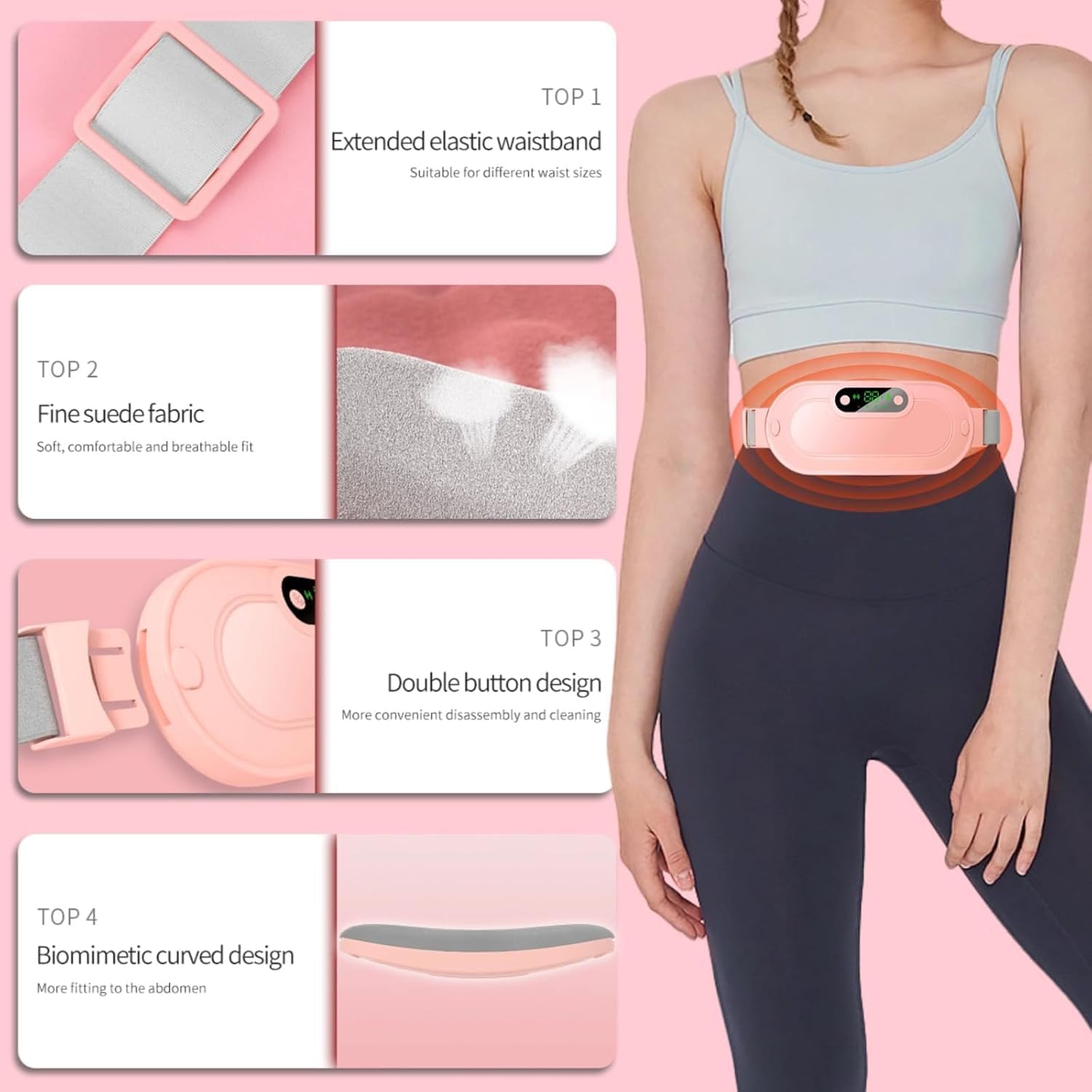 Heating Pad for Period Cramps, Portable Menstrual Heating Pad - White | Cordless Pink heating belt with 4 heat levels, 4 massage modes & rechargeable design for period pain relief - Image 8