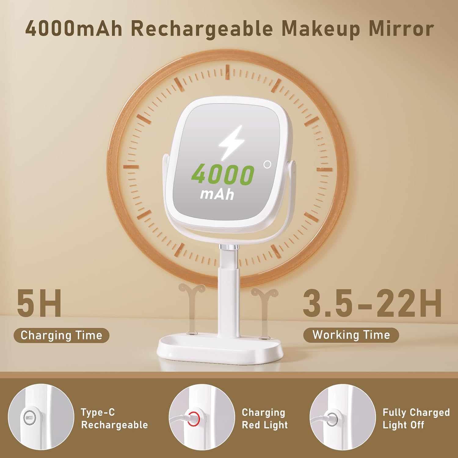FRANO Vanity Mirror with Lights, Rectangular Lighted Makeup Mirror with 3 Color Lights, 1X/10X Magnification, Adjustable Height, 360° Rotation, 4000mAh Rechargeable for Desk, Gifts for Women - Image 6