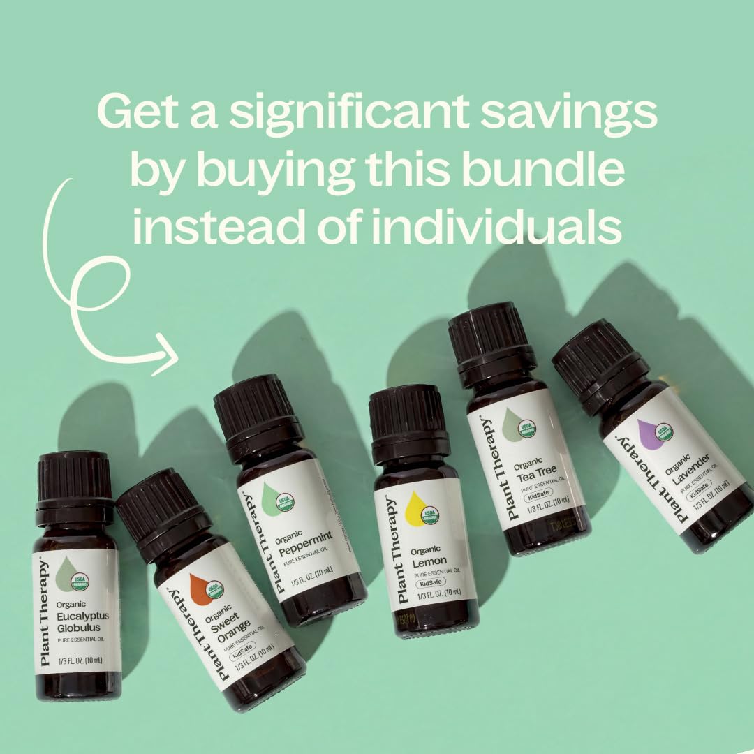 Plant Therapy Top 6 USDA Organic Essential Oil Set for Diffusion & Topical | Includes Lavender, Peppermint, Eucalyptus, Lemon and Tea Tree Pure Essentail Oils, 10 mL (1/3 oz) Each - Image 5