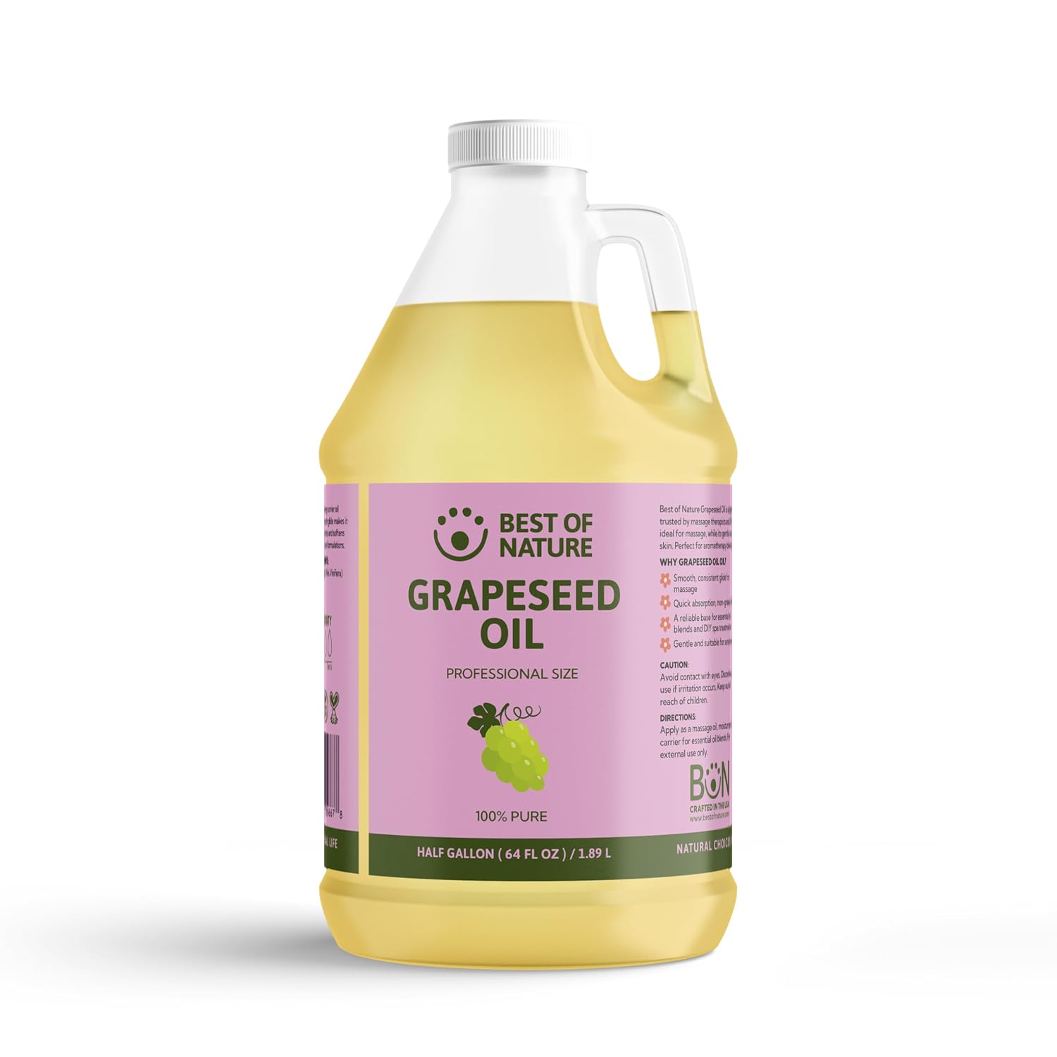 Best of Nature 100% Pure Grapeseed Oil - Unscented, Lightweight, Non-Greasy Moisturizer for Hair, Skin, Face & Aromatherapy, Carrier Oil for Essential Oils, Half Gallon (64 fl oz)