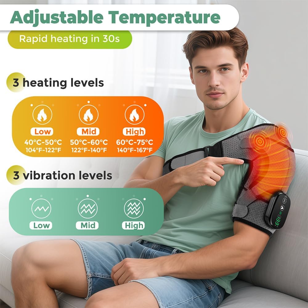 Cordless Shoulder Heating Pad, FSA Eligible Heated Shoulder Massager | 3 Vibration and Heating Modes, Breathable Fabric, HD Display, 5000mAh Battery, Adjustable Size, for Rotator Cuff - Image 3