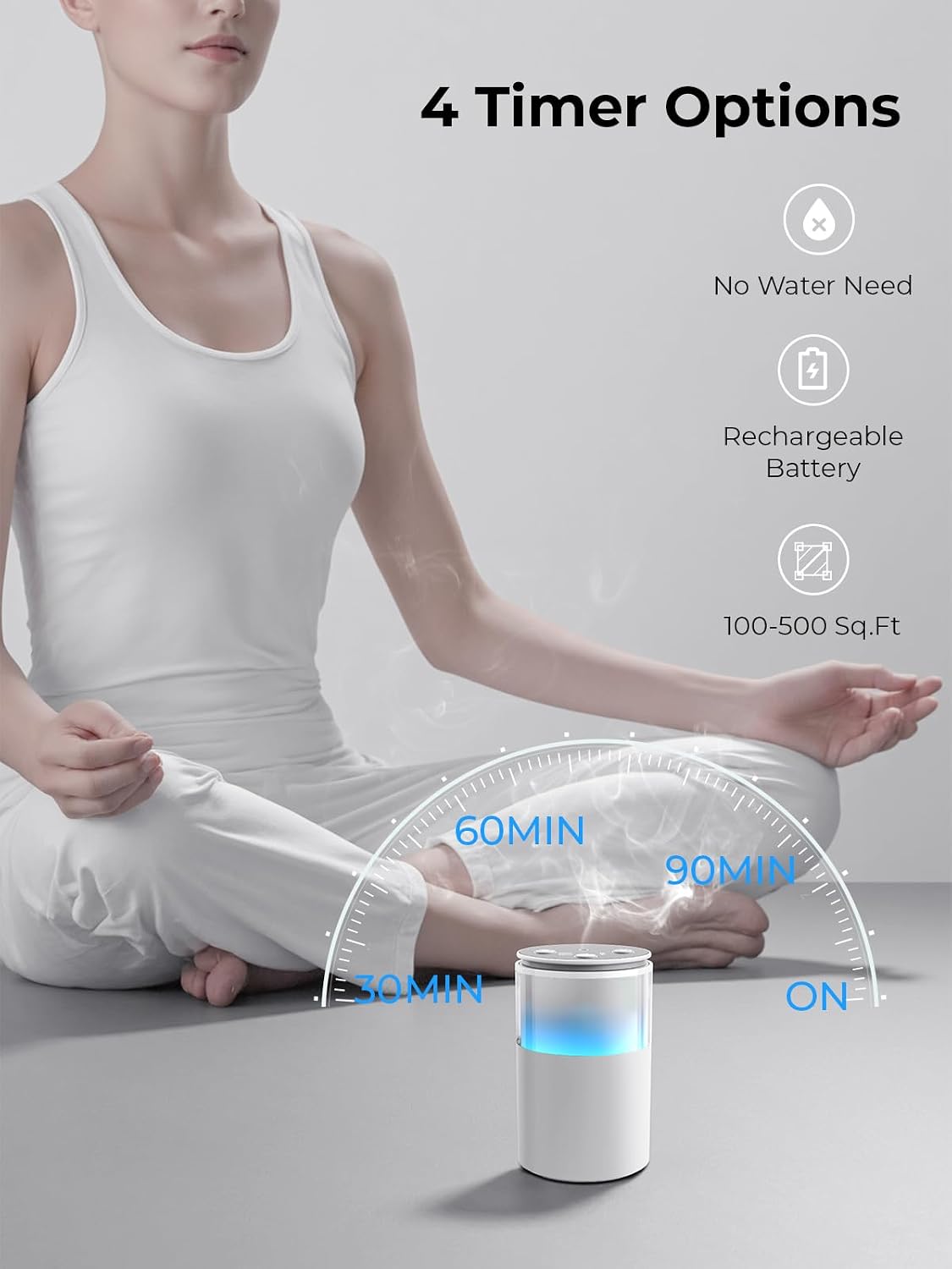 Waterless Essential Oil Diffuser: 𝟗-𝐂𝐨𝐥𝐨𝐫 𝐋𝐄𝐃 Snow White | Portable Scent Diffuser - No Water No Heat For Pure Aroma - 48H Battery 3 Mist Levels & 4 Timers for Car Office - Image 3
