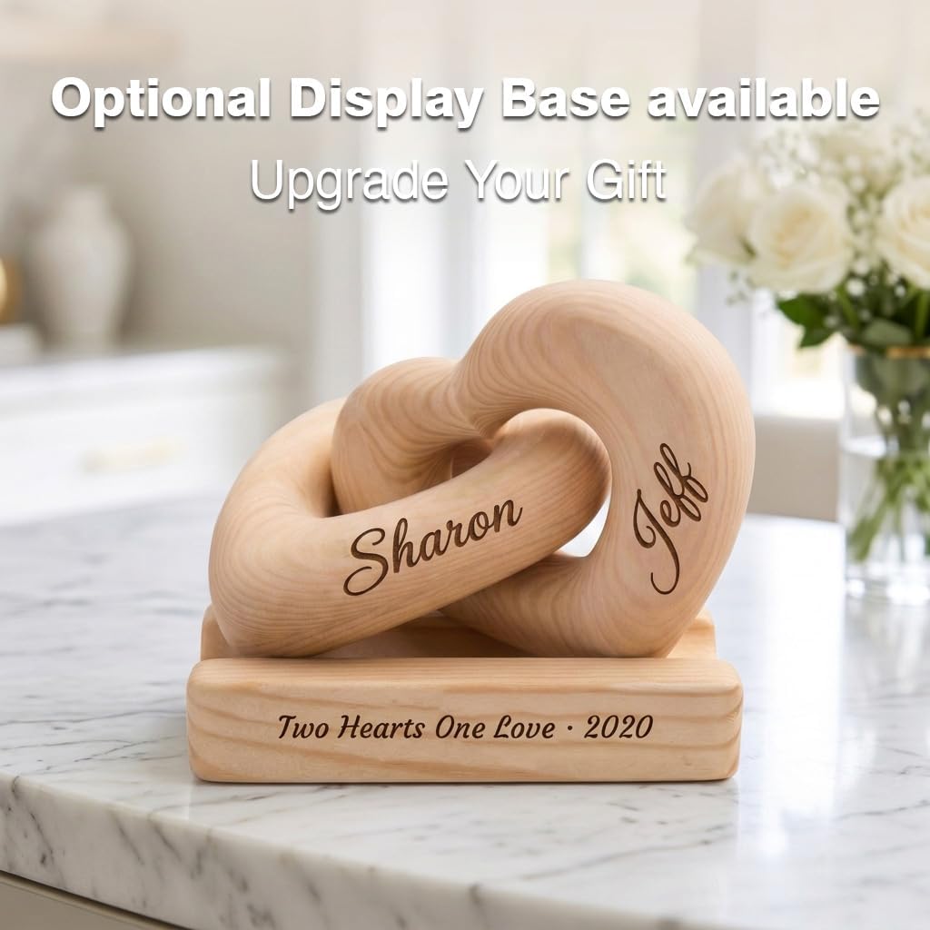 Personalized Wooden Hearts with Names - Custom Engraved Interlocking Heart Sculpture for Couples - 5th Wood Anniversary Valentine's Day Gift Idea, Romantic Home Decor (1-Pack (Names & Date)) - Image 3