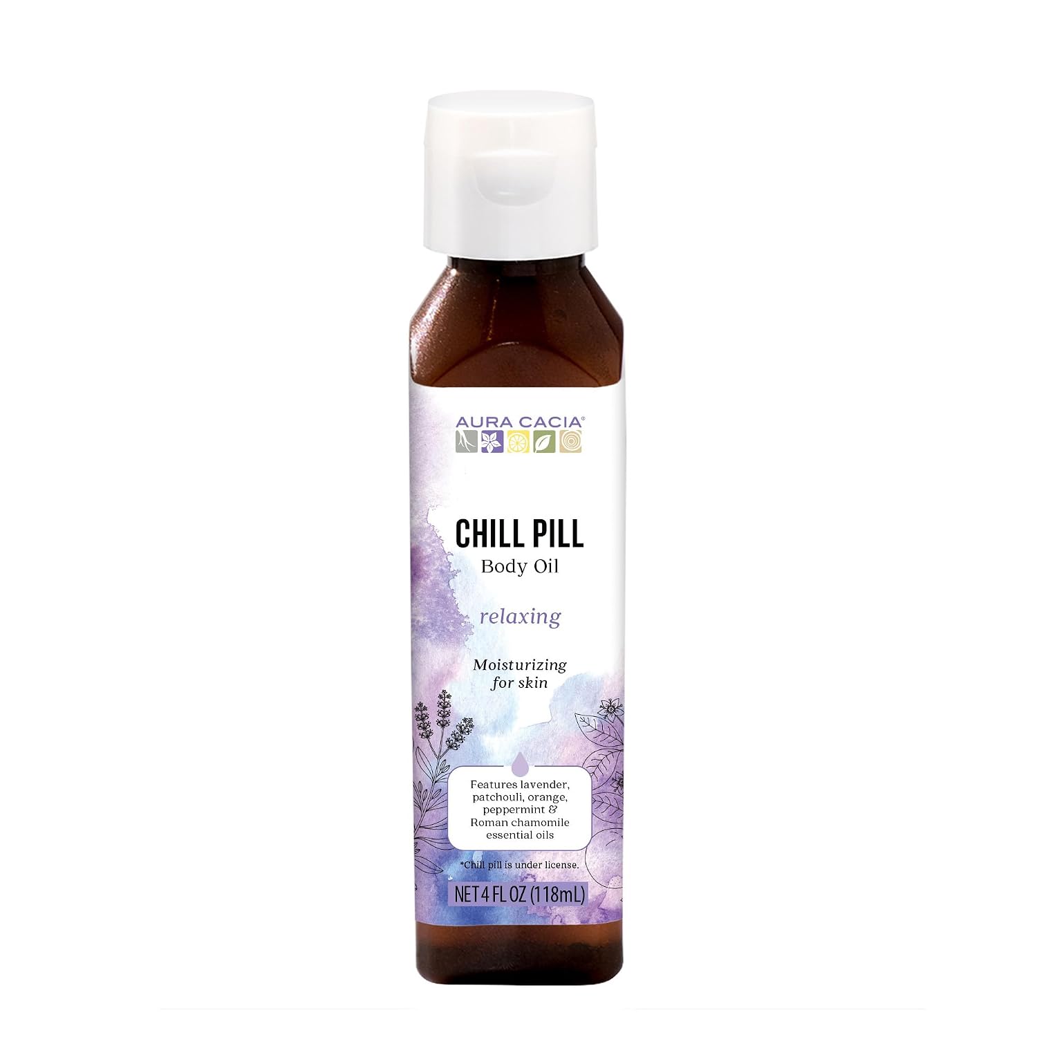 Aura Cacia Aromatherapy Body Oil, Chill Pill - Body Moisturizer with Relaxing Essential Oils for Daily Skin Care and Aromatic Indulgence | 4 Ounce (Pack of 1)
