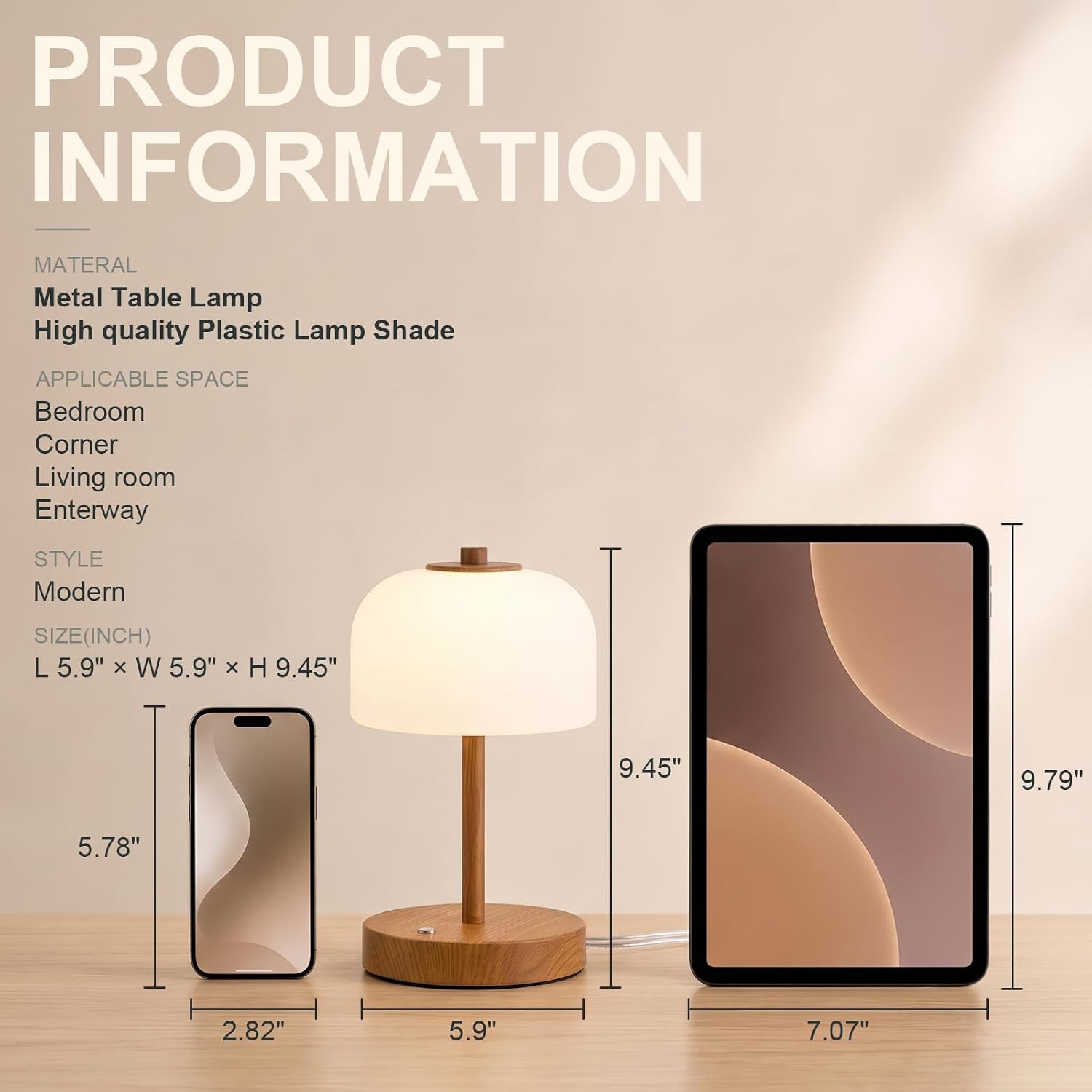 9.5" Small Plug-in Touch Control Table Lamp with USB A+C Charging Ports, Wood Grain Dimmable LED Bedside Lamp with 3 Color Temperatures, Modern Table Lamps for Bedroom Nightstand Living Room - Image 4