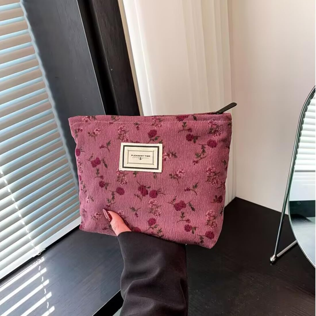 Cosmetic Bags for Women, Large Floral Makeup Bag for Purse, Dark Red Rose | Travel Toiletry Zipper Canvas Pouch, Bag Organizer for Travel Essentials, Make Up Brushes Storage, Purse Organizer Pouches - Image 2