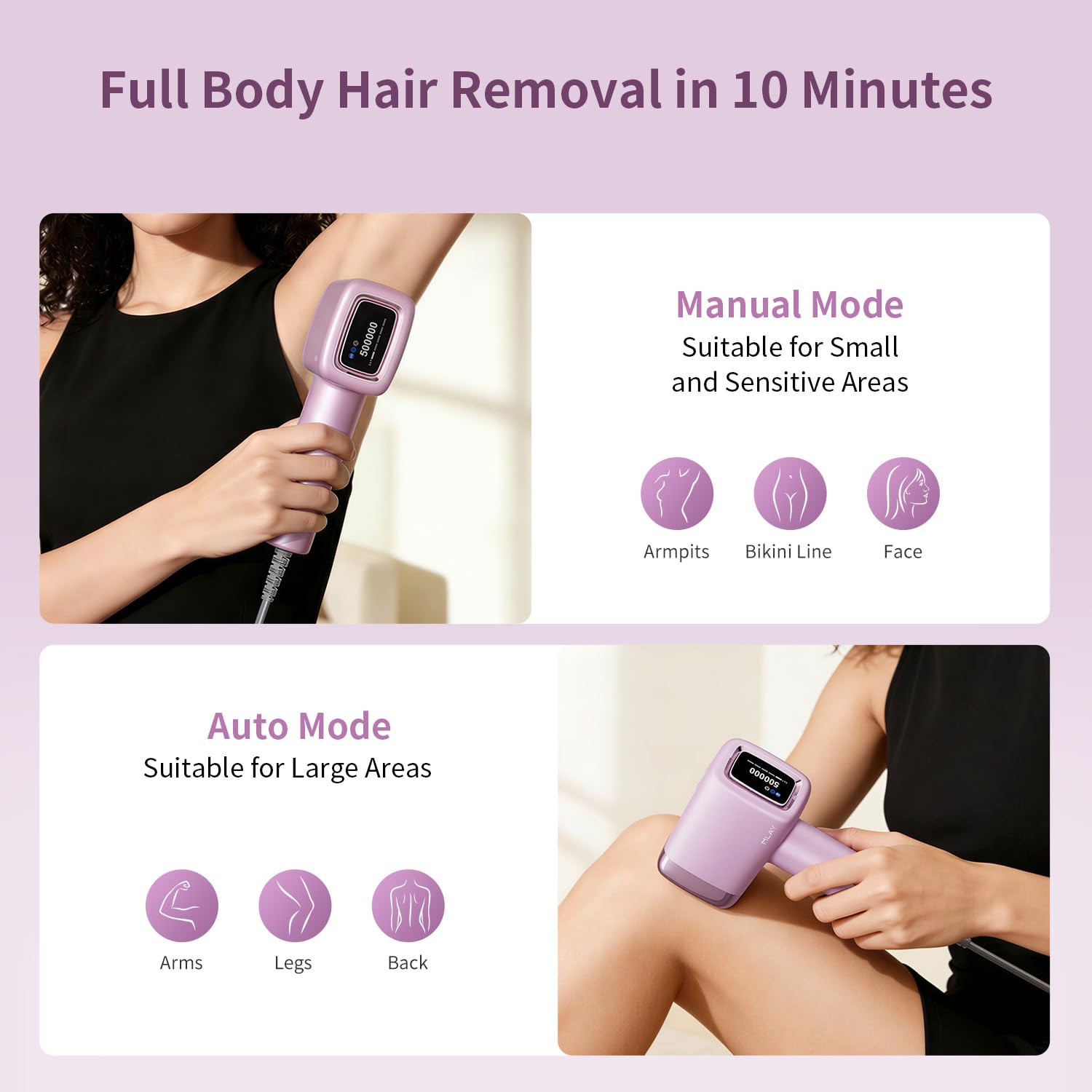 MLAY IPL Laser Hair Removal, Hair Removal Device with Ice Cooling Painless Hair Removal for Women & Men, Permanent Hair Removal at Home for Arms Armpits Face Legs Bikini Line, 5 Energy Levels, 2 Heads | T14 Hair Removal 1,500,000 Flashes Permanent Hair Removal at Home for Arms Armpits Face Legs Bikini Line, with HR BK FC Heads - Image 5
