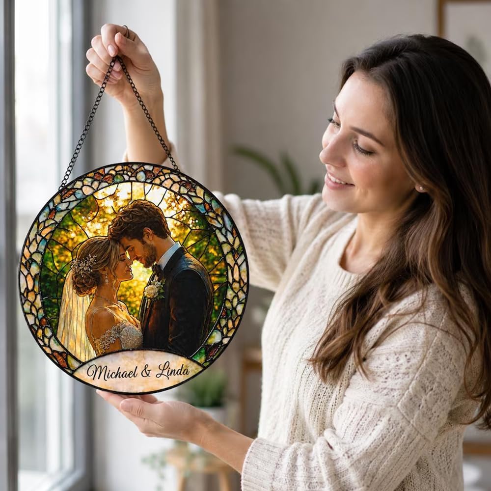 Custom Photo Stained Glass Sun Catcher, Personalized Couple Window Hanging Decor, Anniversary Valentine Gift for Husband Wife, Romantic Keepsake for Home - Image 6