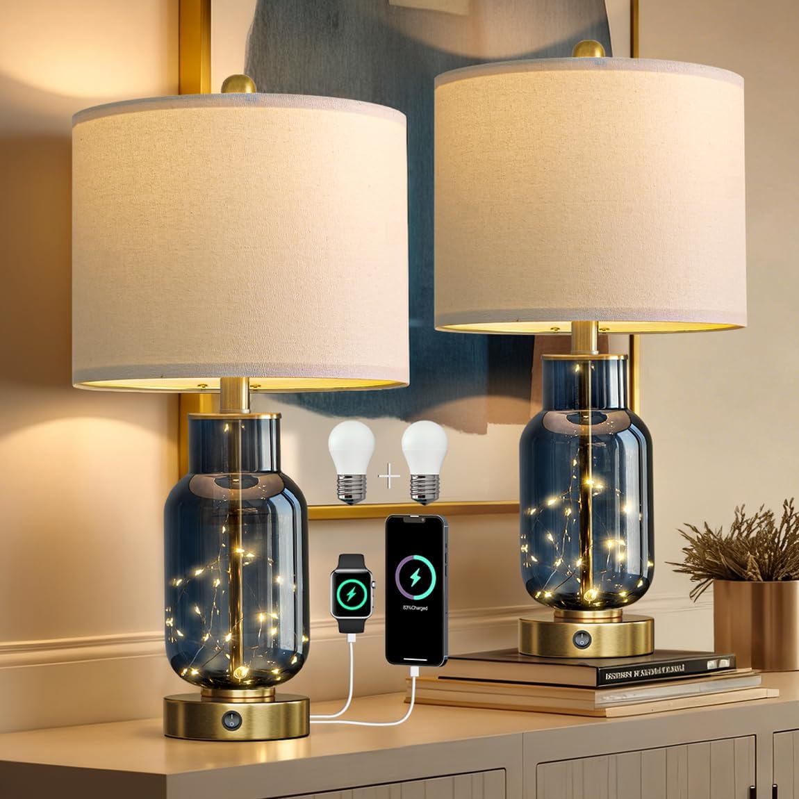 22" Glass Table Lamps Set of 2, Blue Modern Bedside Lamp with LED Night Light for Living Room, Nightstand Lamp with USB Ports for Bedrooms, Study Room, End Table(2 Bulbs Included)