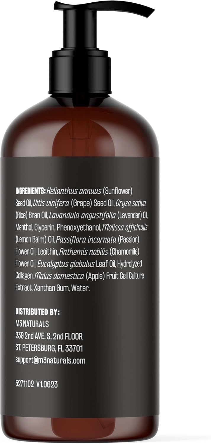 Lavender Sensual Massage Oil with Collagen and Stem Cells, 8 fl oz by M3 | Fast-Absorbing Massage Oil with Lemon Balm & Chamomile, Relaxing & Soothing Body Care, Moisturizes & Hydrates Dry Skin - Image 3