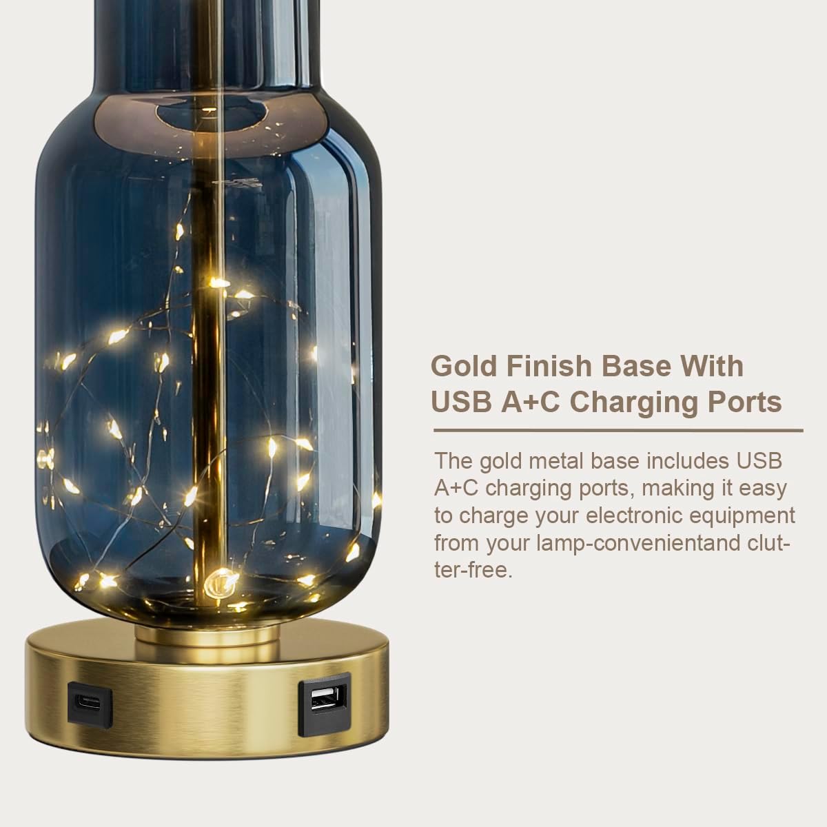22" Glass Table Lamps Set of 2, Blue Modern Bedside Lamp with LED Night Light for Living Room, Nightstand Lamp with USB Ports for Bedrooms, Study Room, End Table(2 Bulbs Included) - Image 6