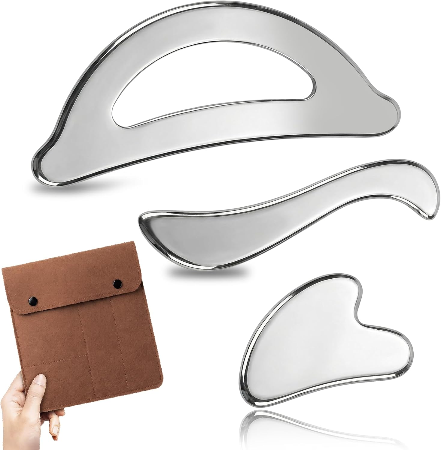 Rena Chris Gua Sha & Muscle Scraper Tool, Stainless Steel Body & Face Gua Sha Set for Deep Tissue Massage & Lymphatic Drainage, Guide & Travel Pouch Included (3-Piece Kit)