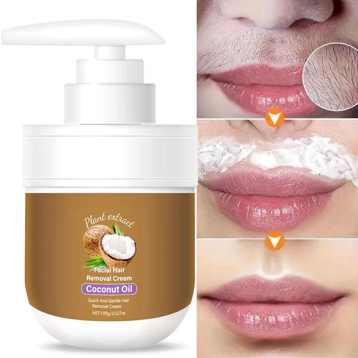 Facial Hair Removal Cream, Coconut Oil Hair Removal Cream, 3.52 fl oz | for Women for Upper Lip & Chin, Gentle and Non-irritating Remove Excess Hair - Image 4