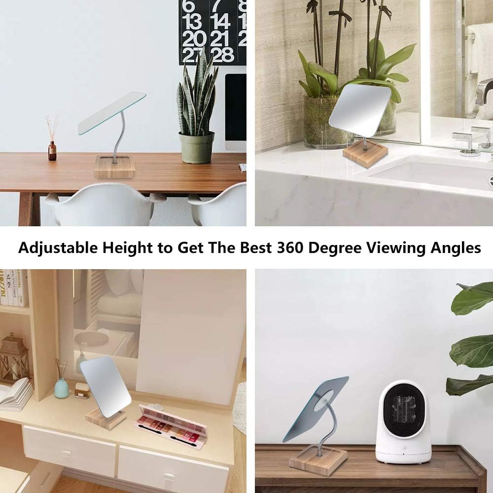 YEAKE Flexible Gooseneck Bamboo Vanity Makeup Mirror,360°Rotation 8" Large Frameless, Folding Portable Table Desk Mirror with Stand for Bathroom Shaving Make Up, Rectangle - Image 5