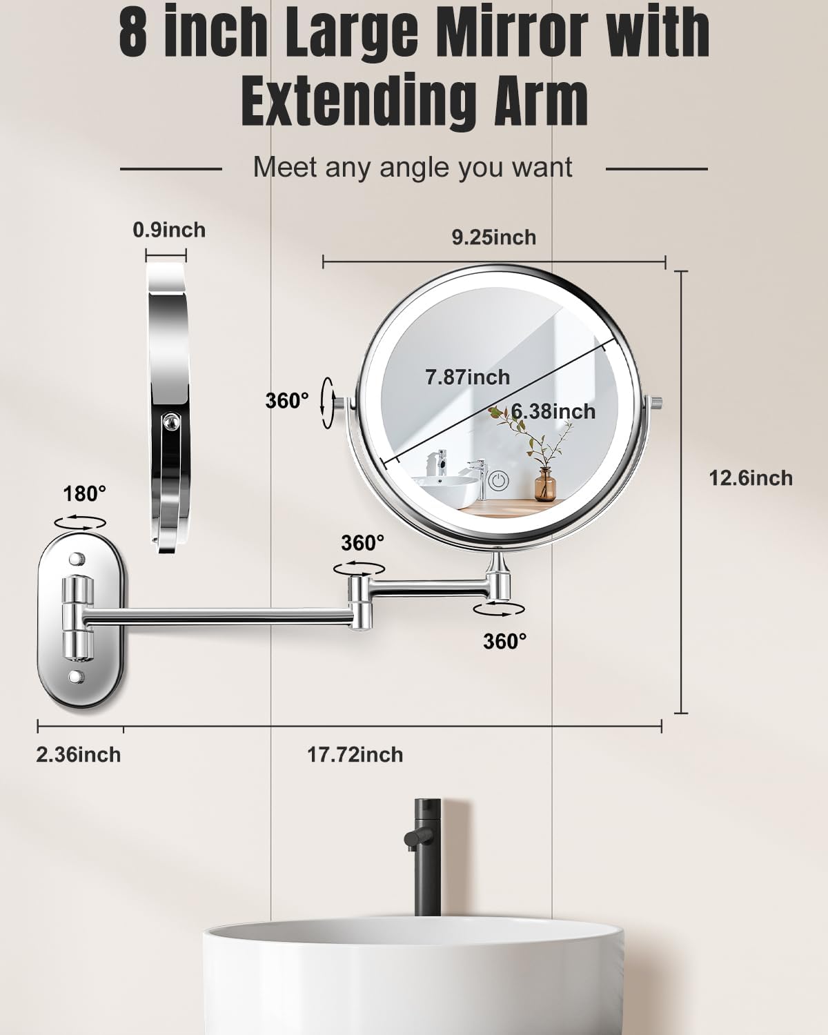VFD 8'' 30X/1X Wall Mounted Lighted Magnifying Makeup Mirror with Lights | Double Sided Rechargeable Bathroom Mirror, 3 Color Lights Touch Dimmable Extended Arm 360 Rotation Light up Mirrors - Image 6