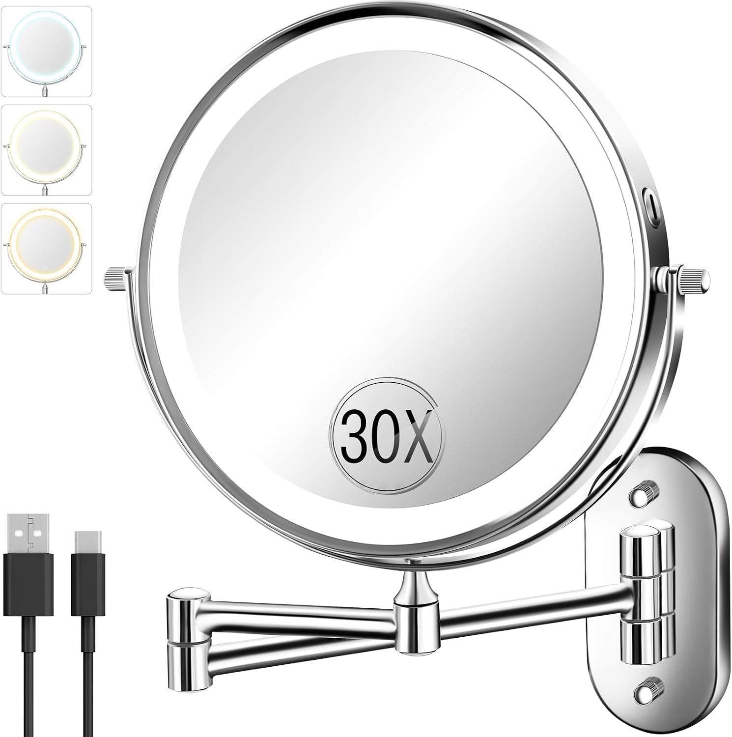 VFD 8'' 30X/1X Wall Mounted Lighted Magnifying Makeup Mirror with Lights | Double Sided Rechargeable Bathroom Mirror, 3 Color Lights Touch Dimmable Extended Arm 360 Rotation Light up Mirrors