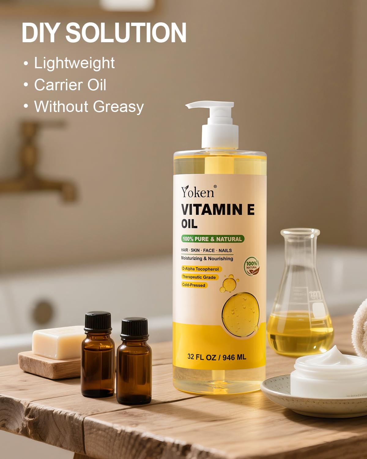 Yoken Vitamin E Oil for Skin 32 Oz Bulk Cold Pressed DIY Body oils for Face | Pure D-Alpha Tocopherol Vitamine Liquid Nails Vit e Women Moisturizing Dry Face Unscented Carrier Oil Hydrate Hexane Free - Image 4
