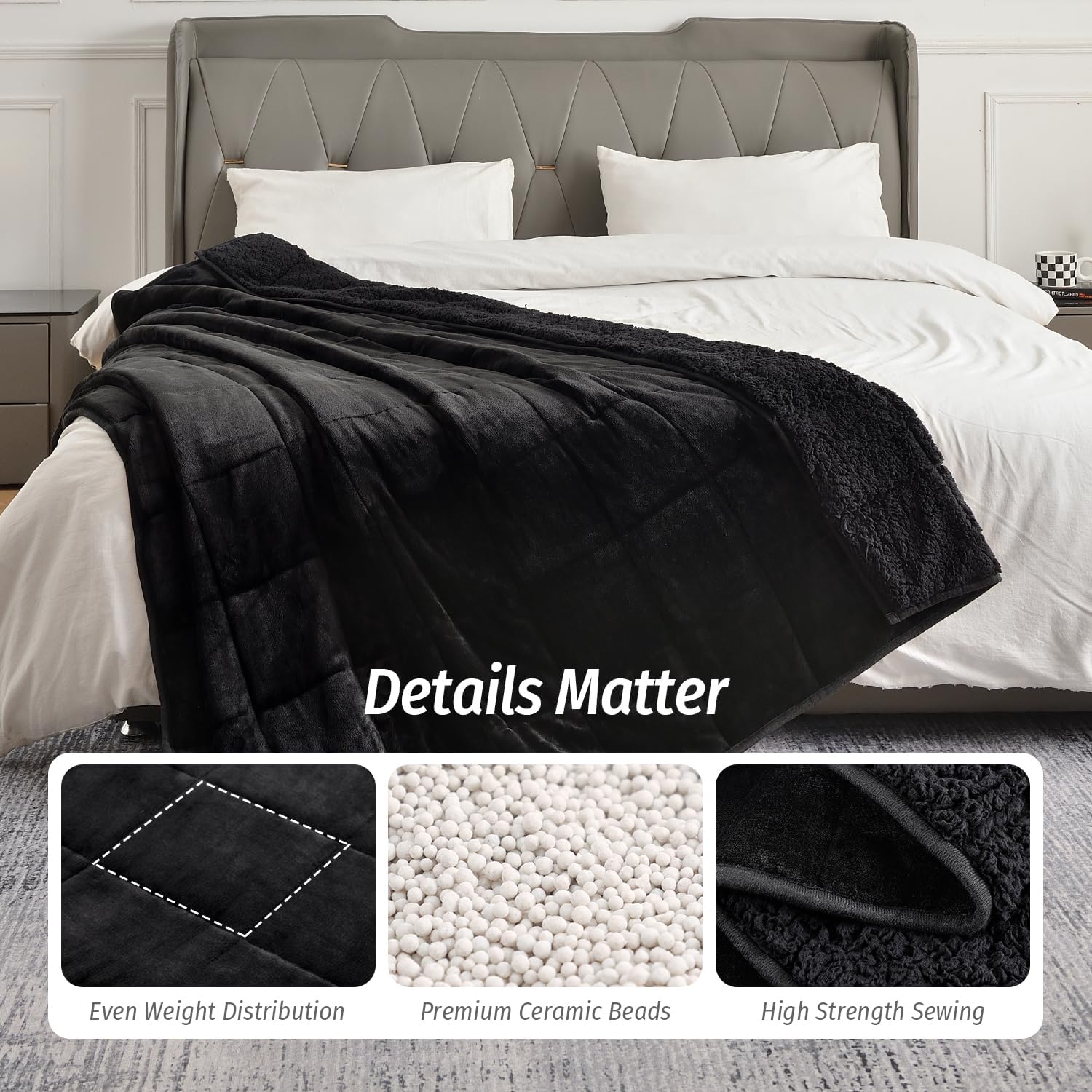 Sherpa Fleece Weighted Blanket for Adult 15 lbs Twin 48"x72" Black | Better Sleep, Relax Body & Mind, Dual Sided Soft Fuzzy Heavy Throw Blankets, Plush Flannel Top, Chunky Fluffy, Warm Hug - Image 5