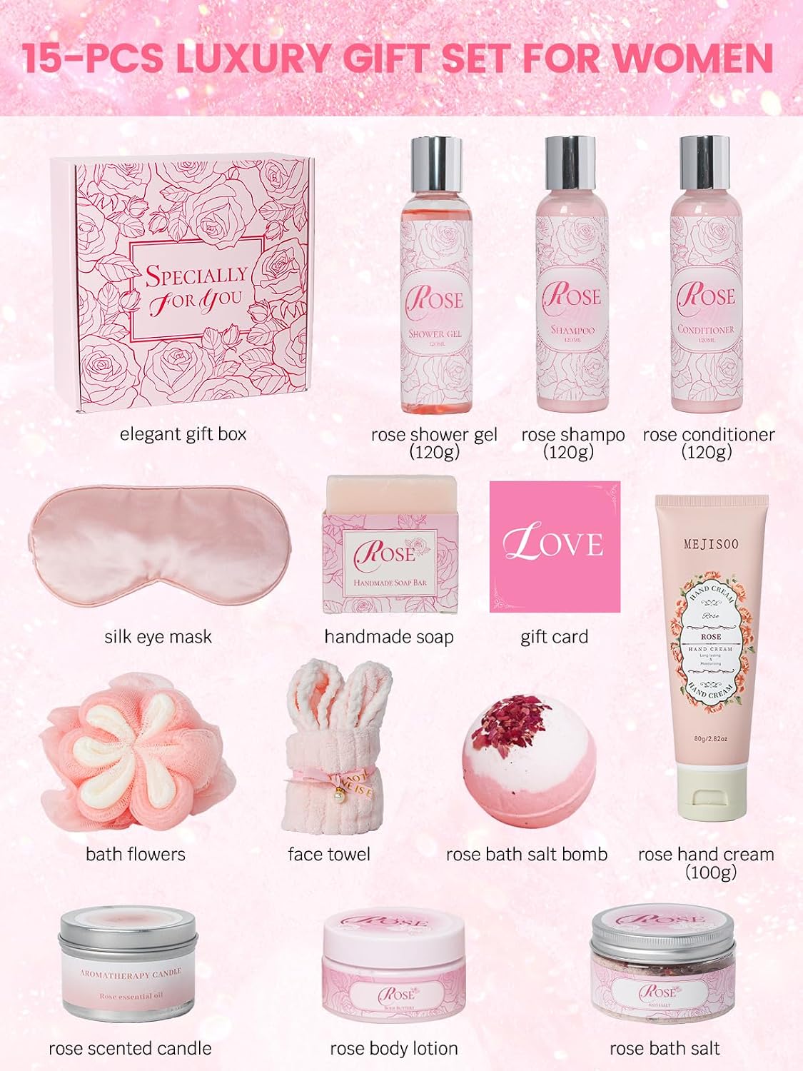 15Pcs Rose Spa Kit Bath Sets for Women Gift Birthday Gift Set for Women | Relaxing Home Spa Gift Kit for Mom Wife Girlfriend, Lotions Set, Body Care, Rose Extract and Vitamin E, Handmade Soaps - Image 2