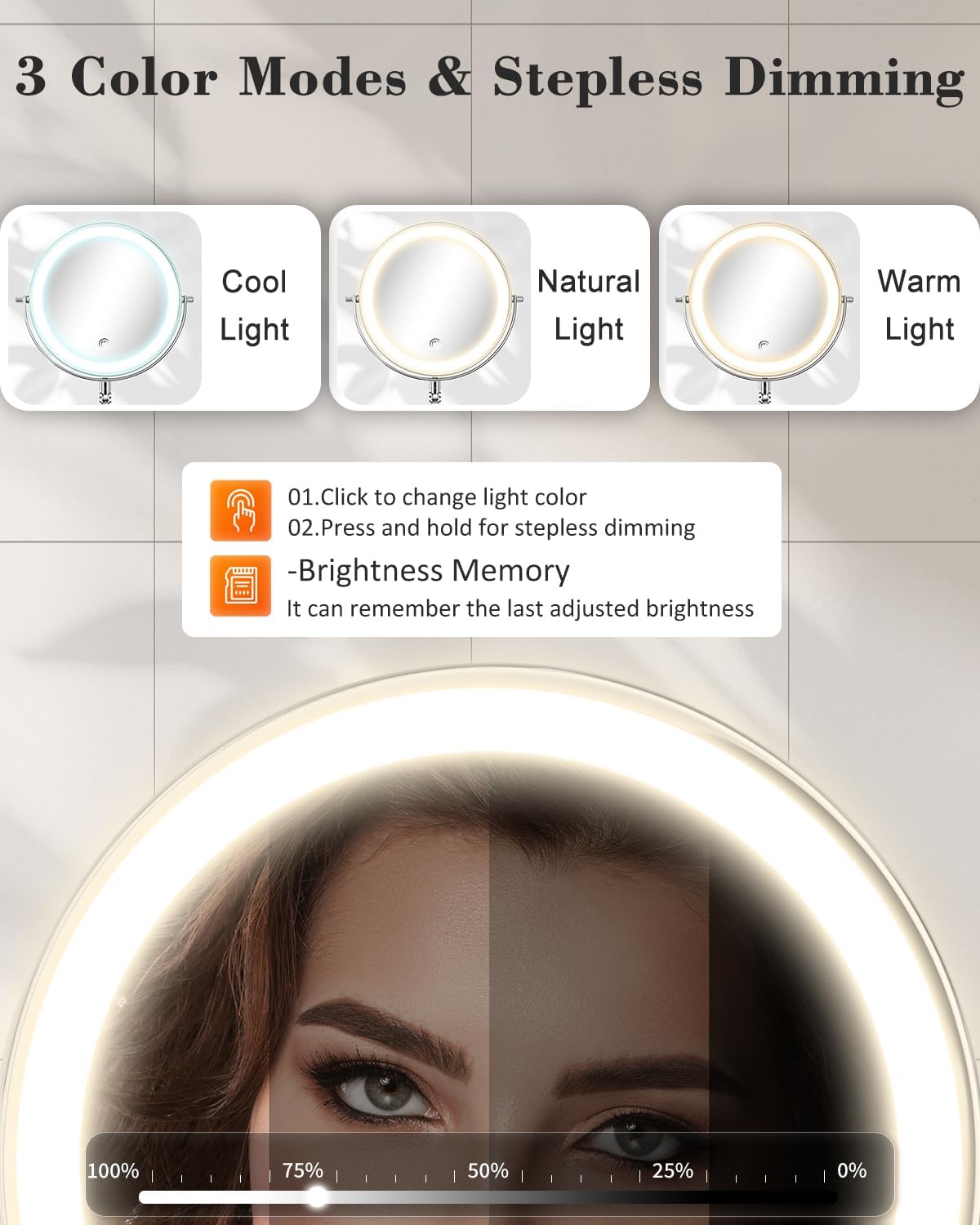 9'' 30X/1X Wall Mounted Height Adjustable Lighted Magnifying Makeup Mirror | 5000mAh Rechargeable Bathroom Mirror with 3 Color Modes Light, Extended Arm Space Saving for Apartment, Hotel, Rental House - Image 2