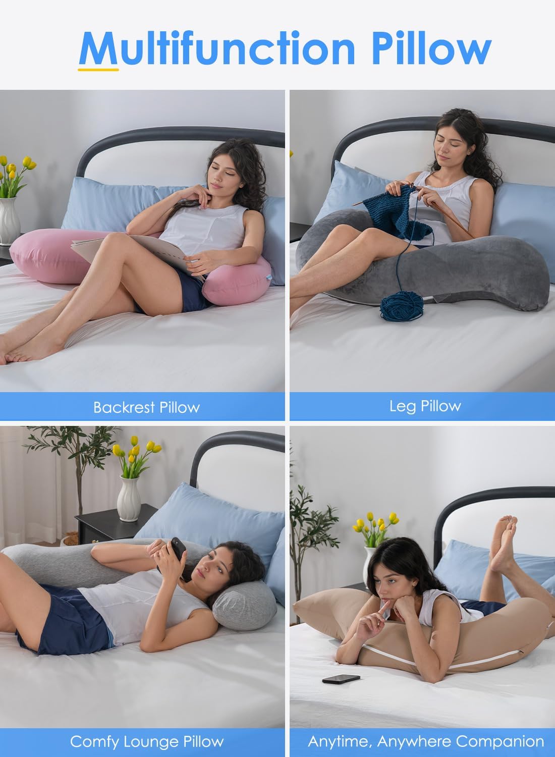 QUEEN ROSE Body Pillow for Side Sleepers, S Shaped Hug Pillow for Adults, Grey - Image 5