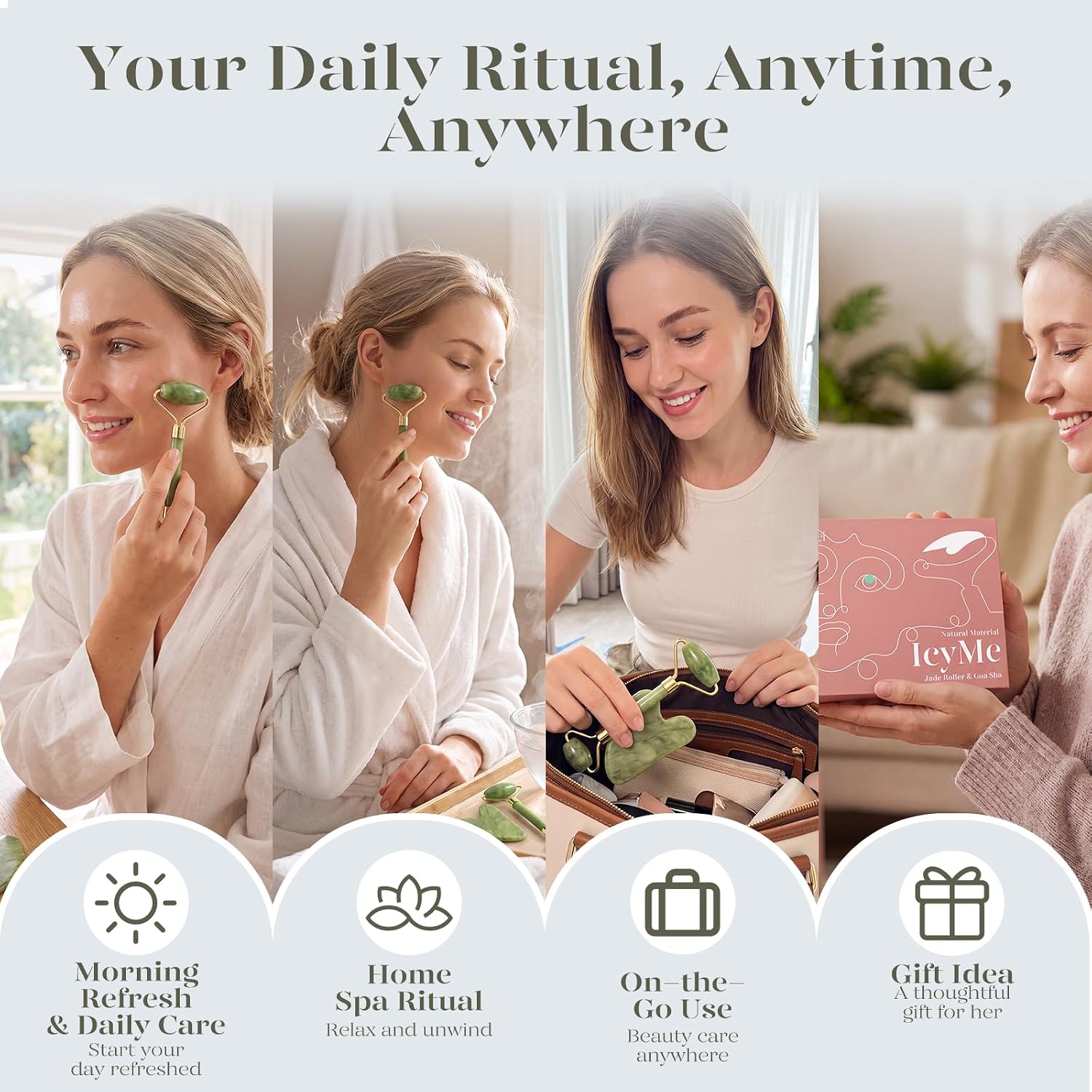 BAIMEI IcyMe Gua Sha & Jade Roller Set for Facial Sculpting and Relaxation | Cooling Face Roller & Guasha Tool for Face Depuffing & Jawline Definition, Beauty Skin Care Tool Gifts for Women–Green - Image 5